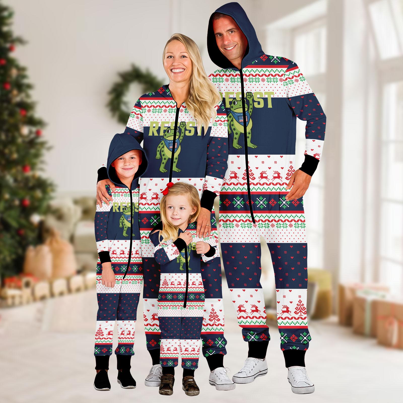Funny Frog Resist Family Christmas Onesie Pajamas, Matching Ugly Sweater Style Holiday Jumpsuit for Men Women Kids Gift