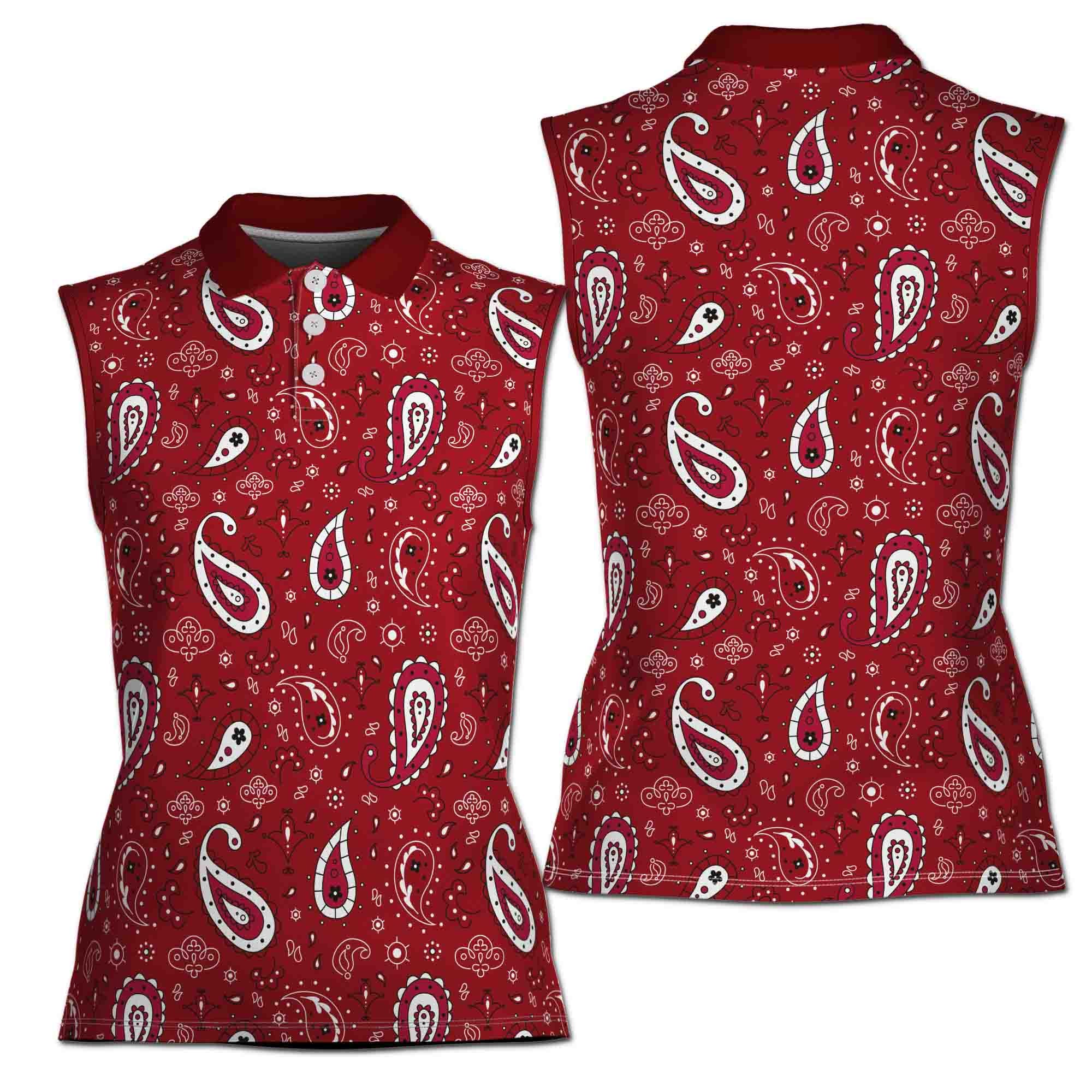 Women Sleeveless Polo Shirt with Pattern Burgundy