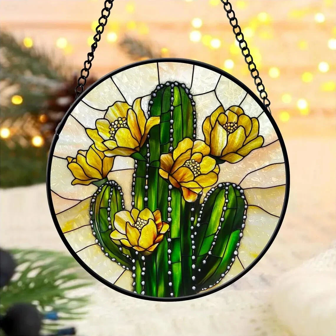 Flower Cactus Stained Glass Suncatcher, Flower Cactus Window Hanging Decor