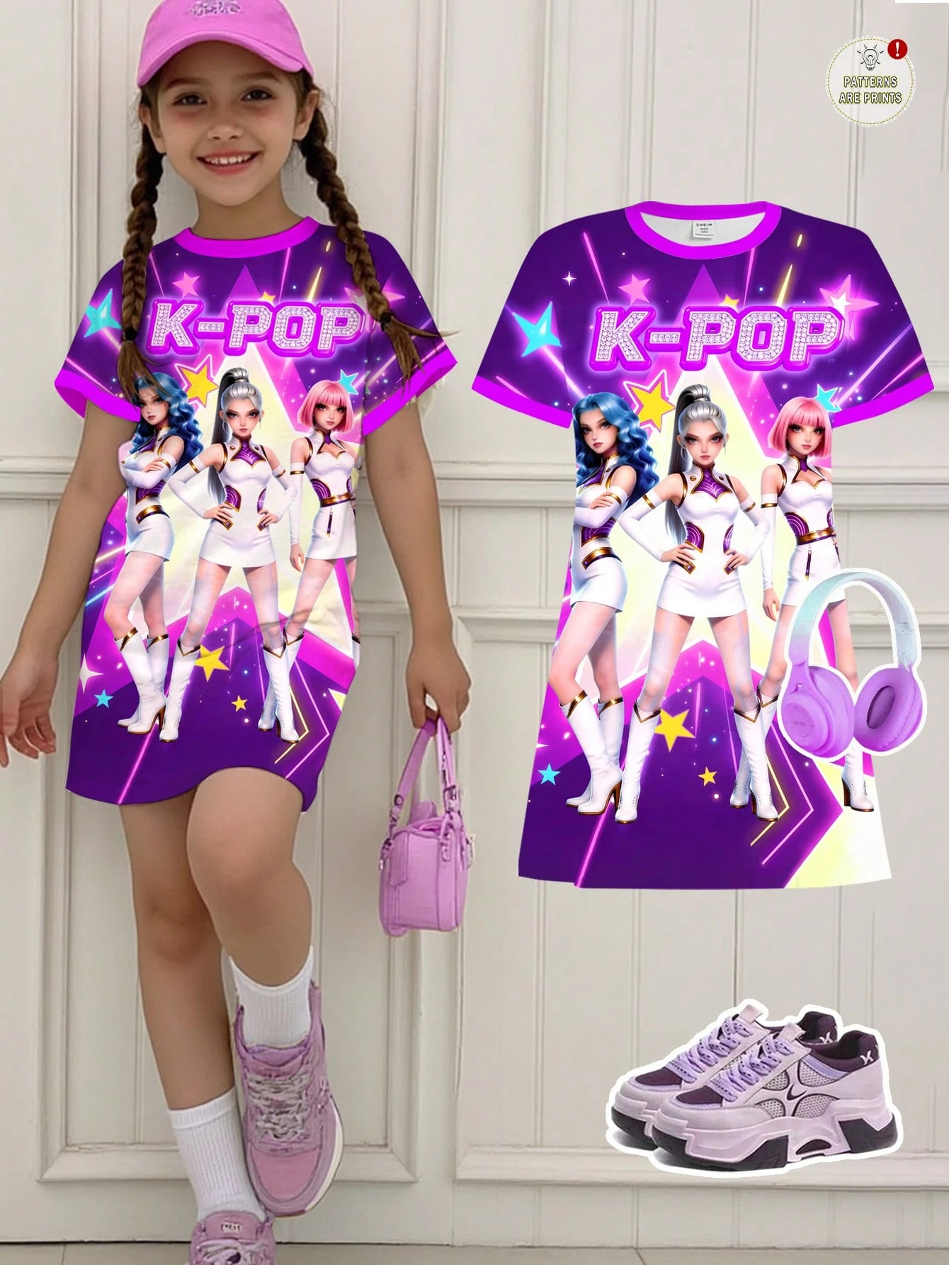 Purple Starry Sky Background Kpop Demon Hunter T-shirt Dress, Summer Short Sleeve Dress Gift