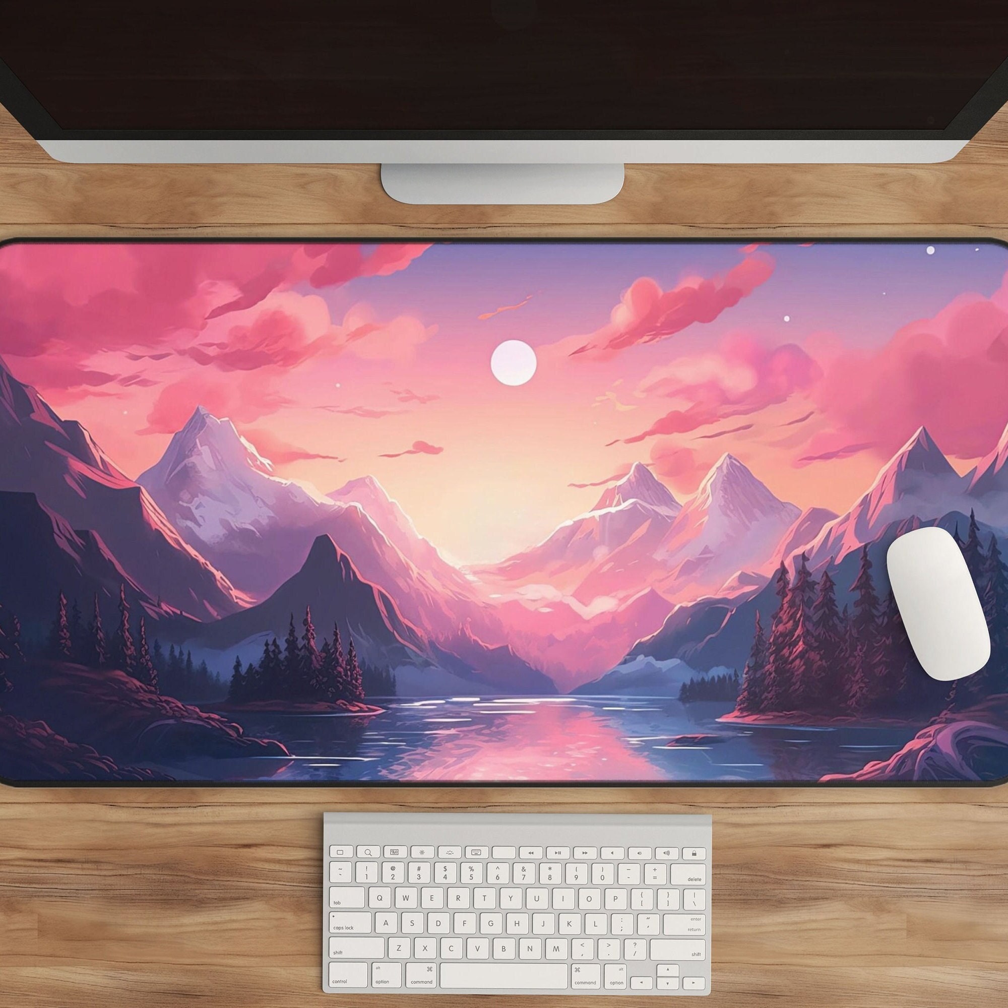 Kawaii Mountain Sunrise Desk Mat for Workspace Decor