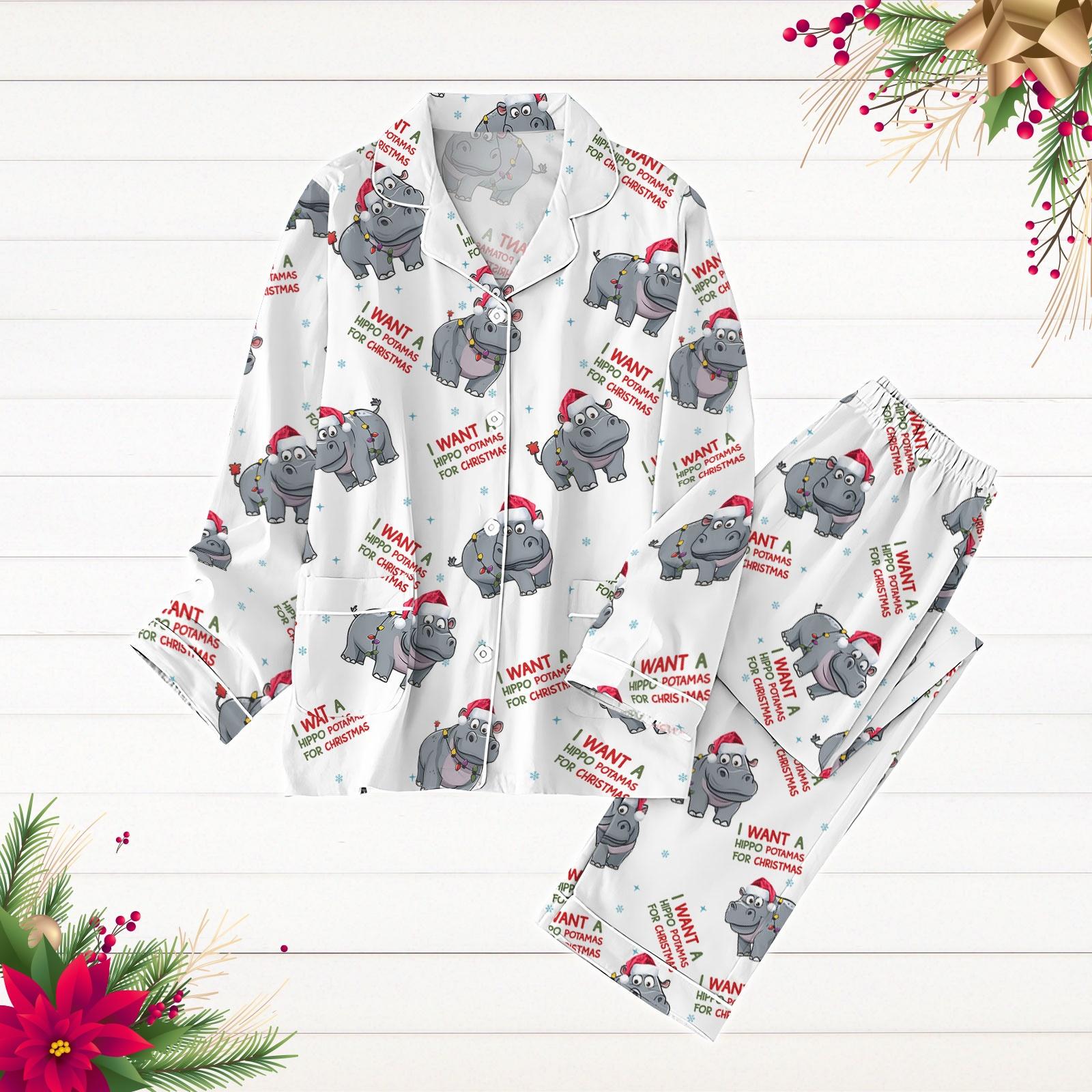 Hippopotamus Christmas Pajamas Set, Hippo Holiday Pajamas, Santa Hat Hippo Xmas Pjs, Cute Animal Christmas Gift, Pajamas For Party