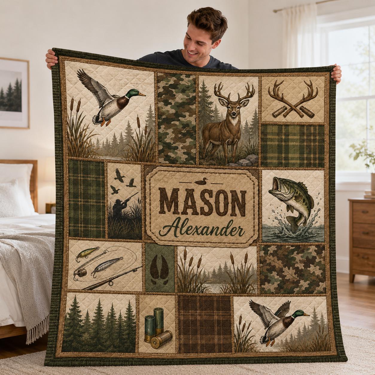 Personalized Hunting Fishing Quilt Blanket, Custom Name Outdoor Sportsman, Deer Duck Bass Camo Patchwork Blanket for Boys