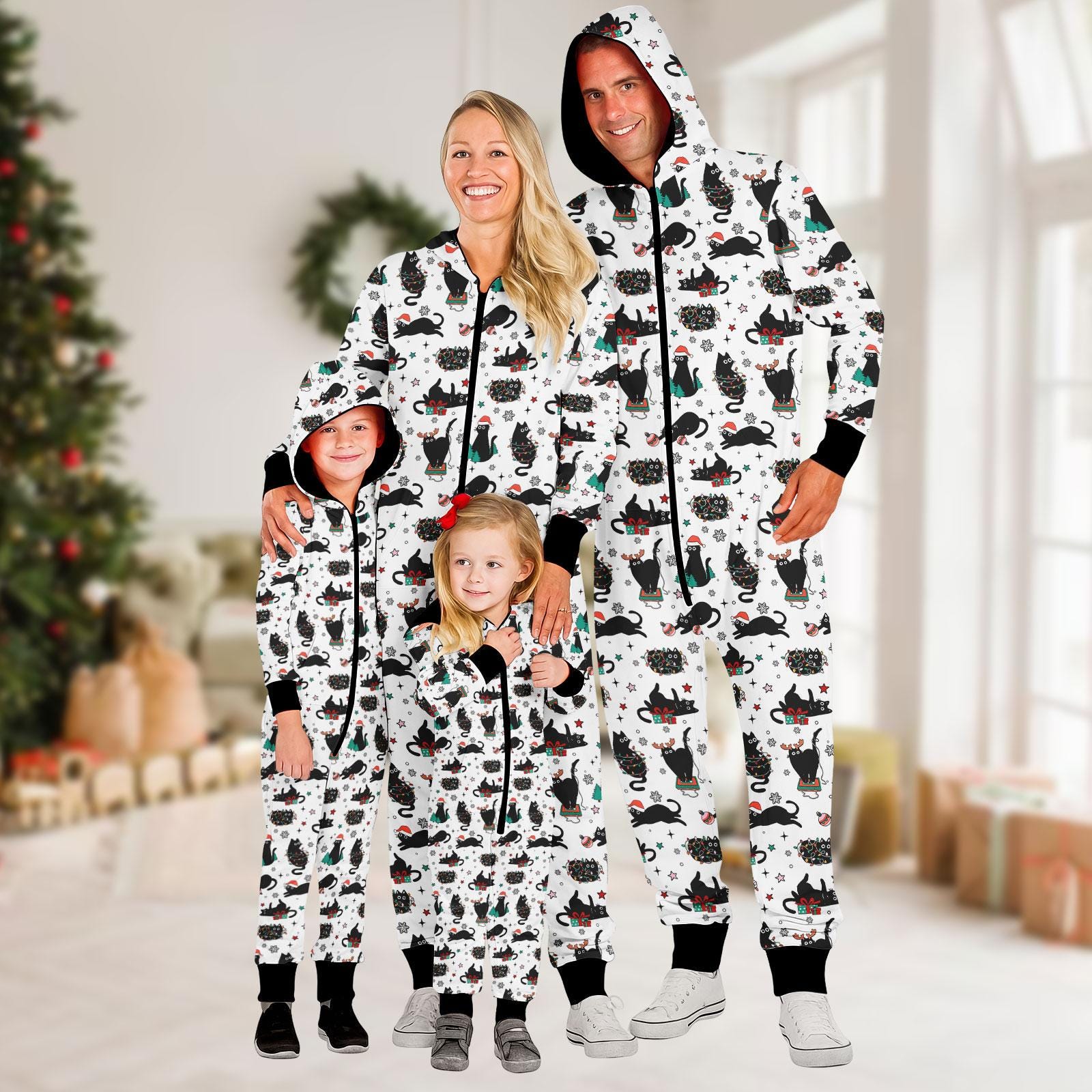 Cute Black Cat Christmas Onesie Pajamas, Funny Holiday Jumpsuit for Cat Lovers, Cozy White PJs, Adorable Xmas Gift for Pet Owners