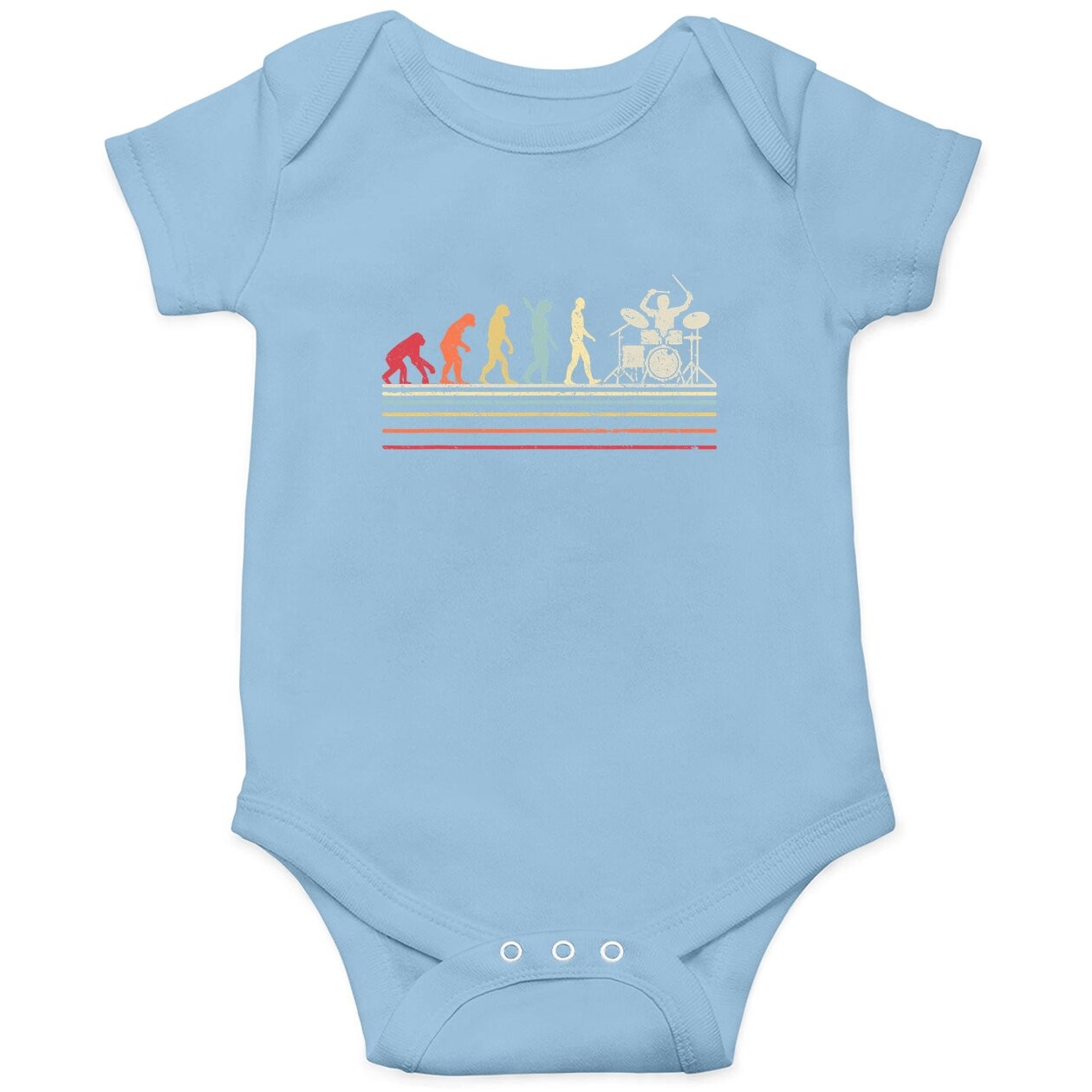 Funny Drummer Baby Bodysuit. Retro Vintage Evolution Of Man Baby Bodysuit