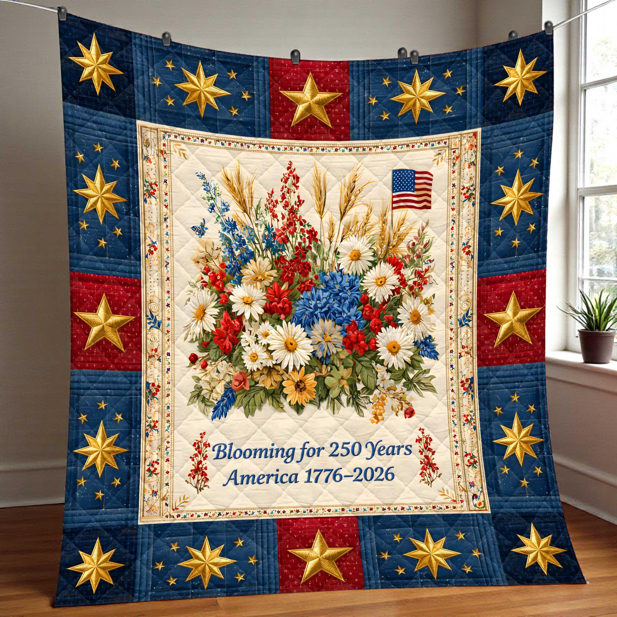 Patriotic Quilt Blanket USA 250th Anniversary 1776-2026, American Flag Floral Quilt, Independence Day Gift, Veterans Decor Throw
