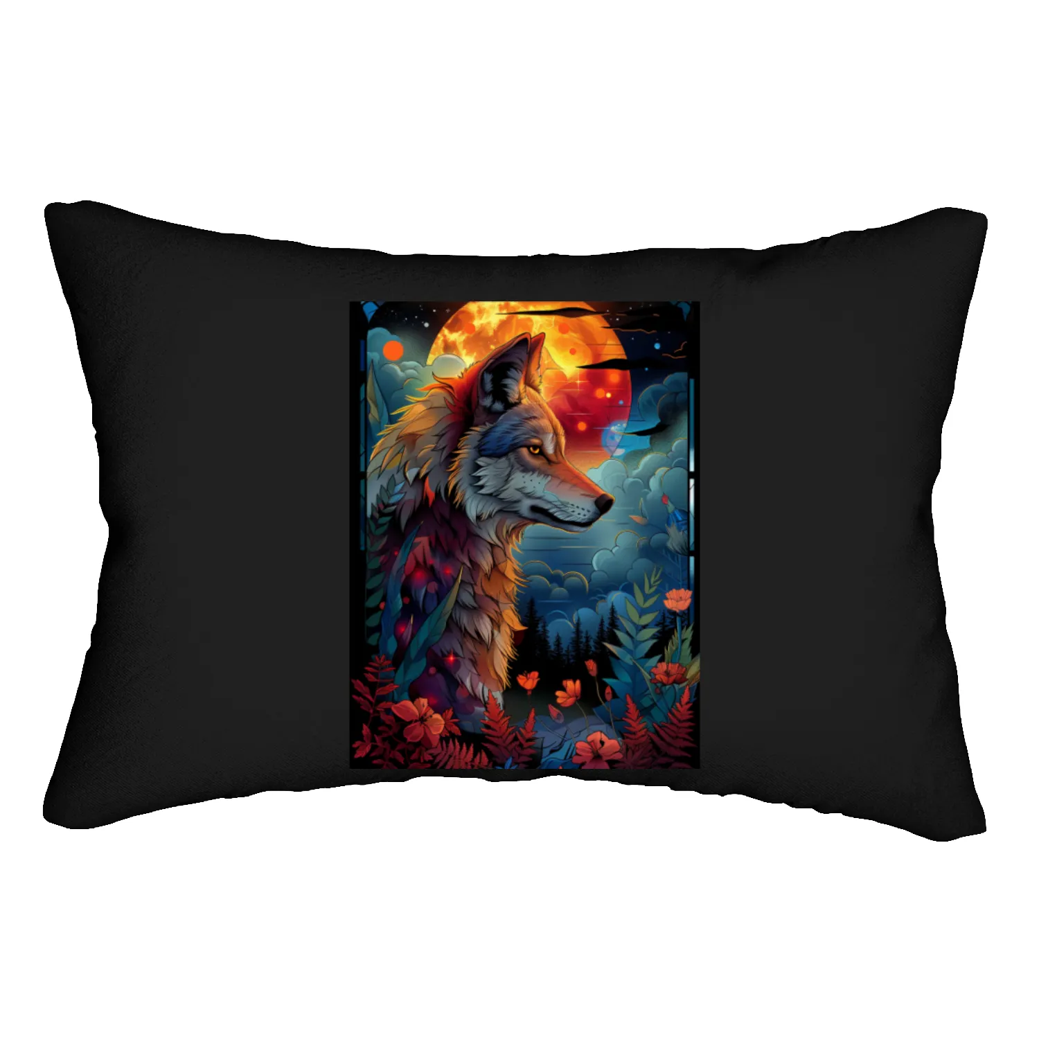 Moonlit Howler: A Wolf's Mystical Encounter Lumbar Pillows