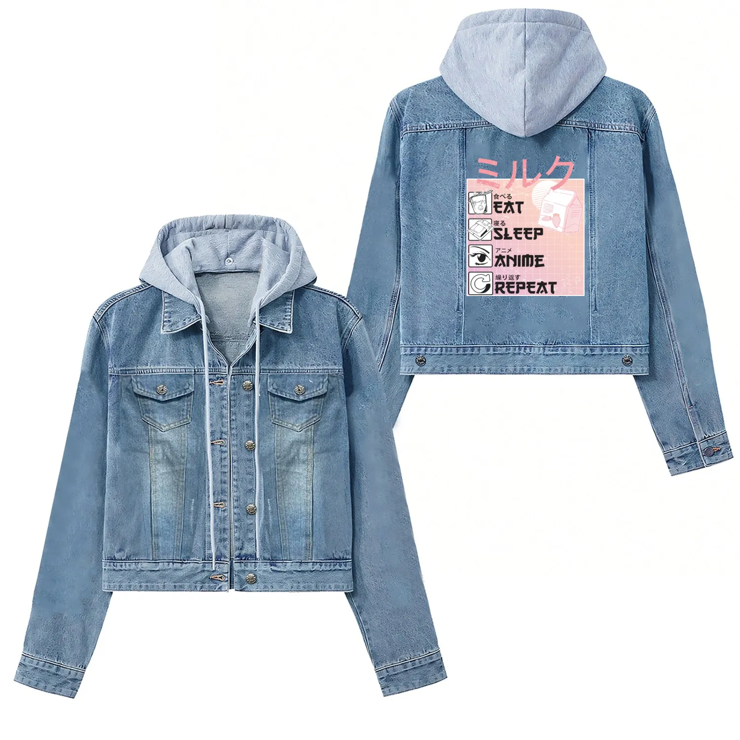 Eat Sleep Anime Repeat Straweberry Milk Japanese Women's Denim Jackets