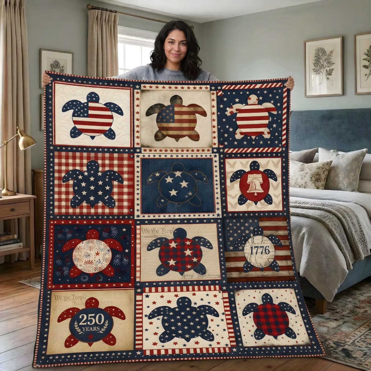 Patriotic Sea Turtle Quilt Blanket American Flag Design For 250th Anniversary USA Red White Blue Decor Memorial Day Gift For Turtle Lover