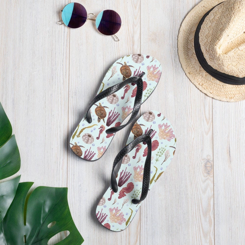Sea Life Flip-Flops - Underwater - Ocean Life - Beach Life - Sandy Toes - Summer Feeling - Seahorse - Corals - Turtles