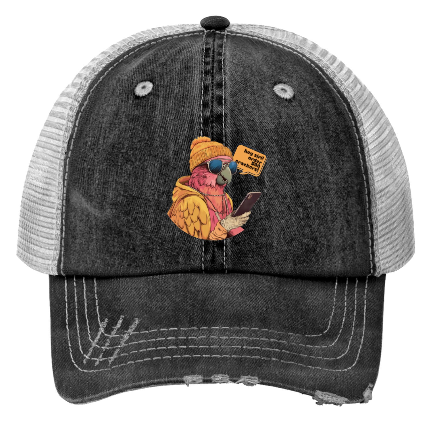 Parrot Hey Siri Print Trucker Hats