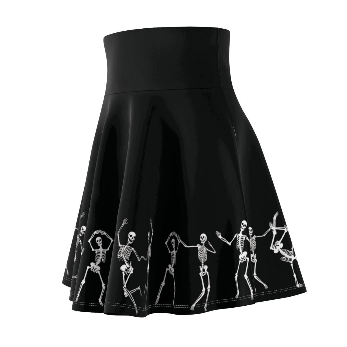 Skeleton Circle Skirt, Black and White Halloween High Waisted Skater Skirt, Women's Plus Size Goth Clothing, Dancing Skeleton Skirt