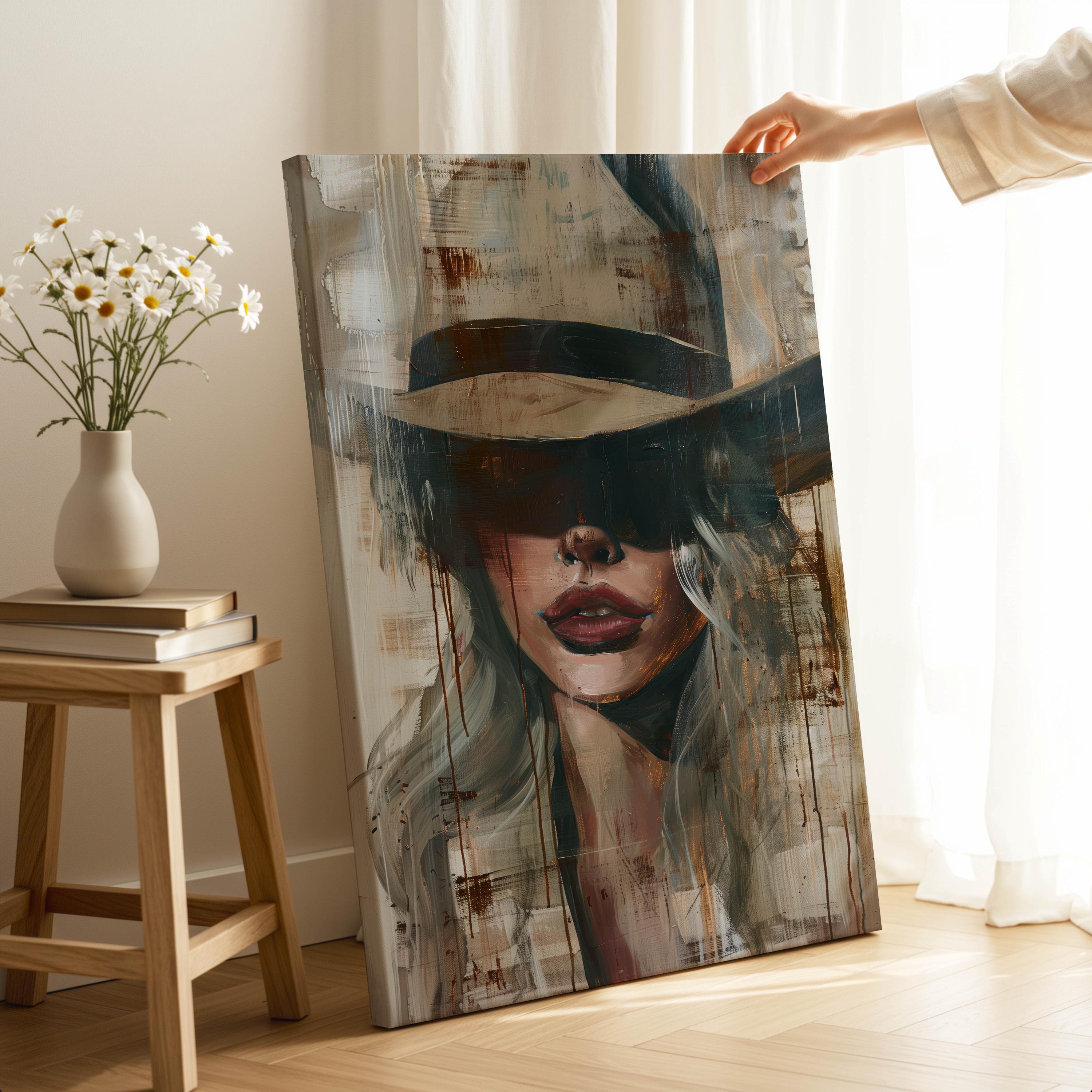 Abstract Cowgirl Face Canvas Art, Woman Wall Art Prints, Female Figure Home & Office Decor