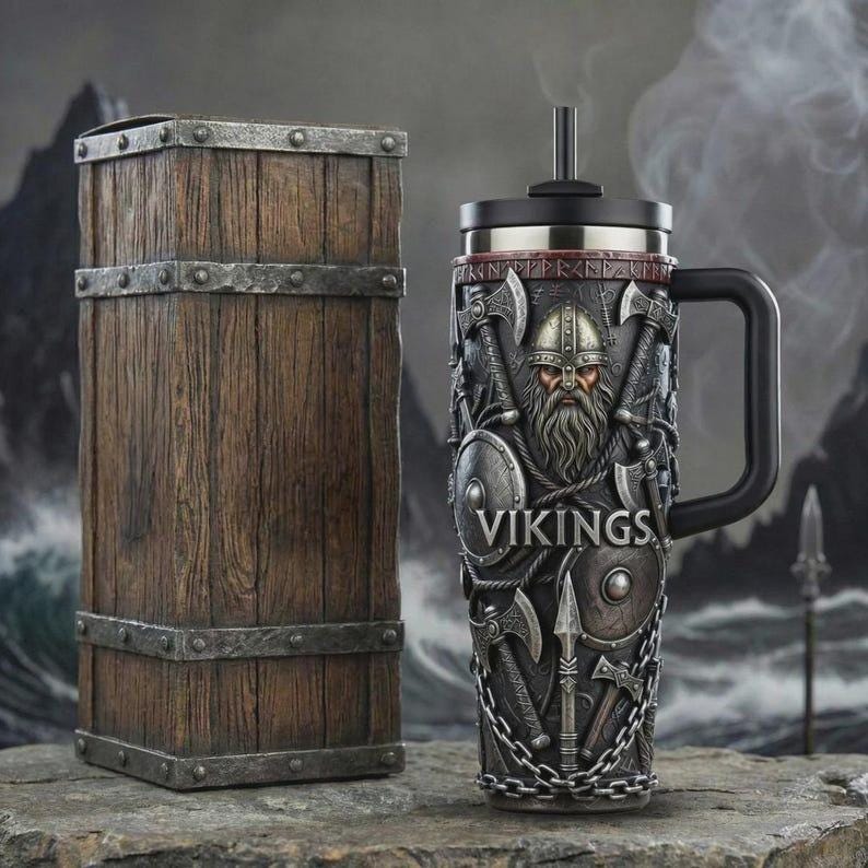 40oz Viking Tumbler With Handle, Norse Warrior Stainless Steel Mug, Viking Gift for Men, Medieval Fantasy Cup