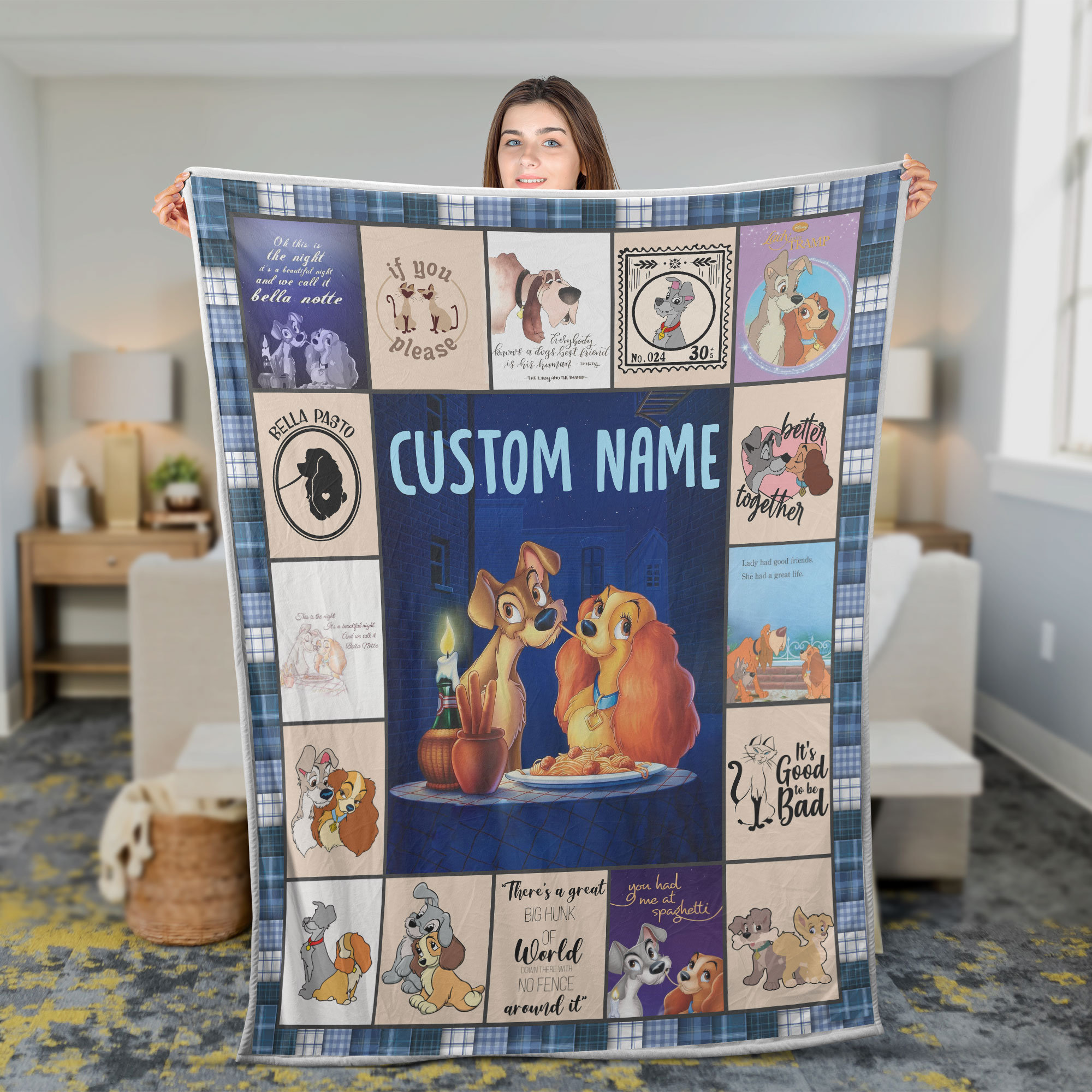 Custom Name Lady & The Tramp Blanket, Personalized Cartoon Blanket For Kids, Warm Children Blanket, Cozy Cartoon Throws, Name Custom Throw