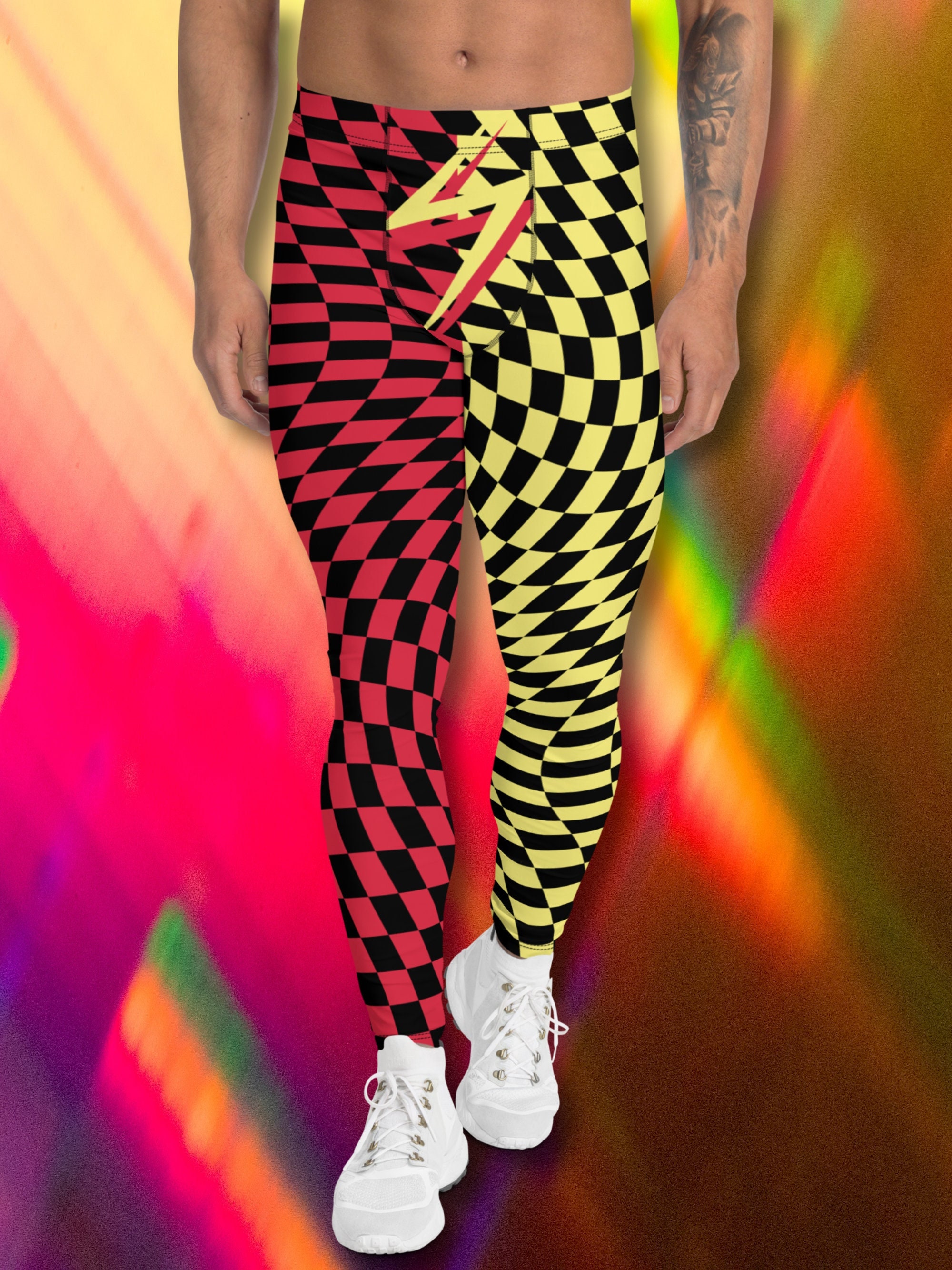 Mens Leggings Harlequin Checked Meggings 80s Wrestling Style Meggs Party