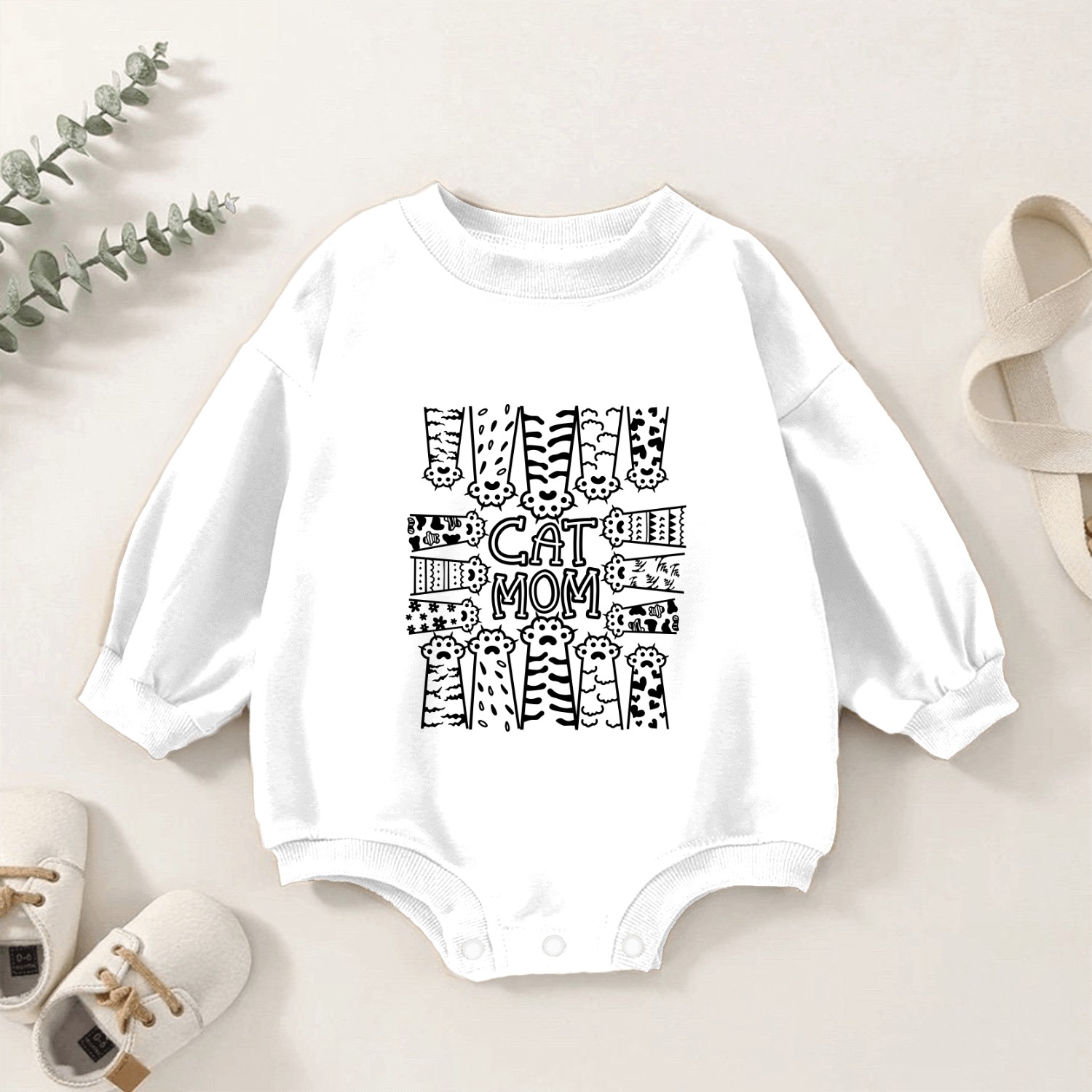 Cat mom with paws black and white Baby Romper Sweatshirts