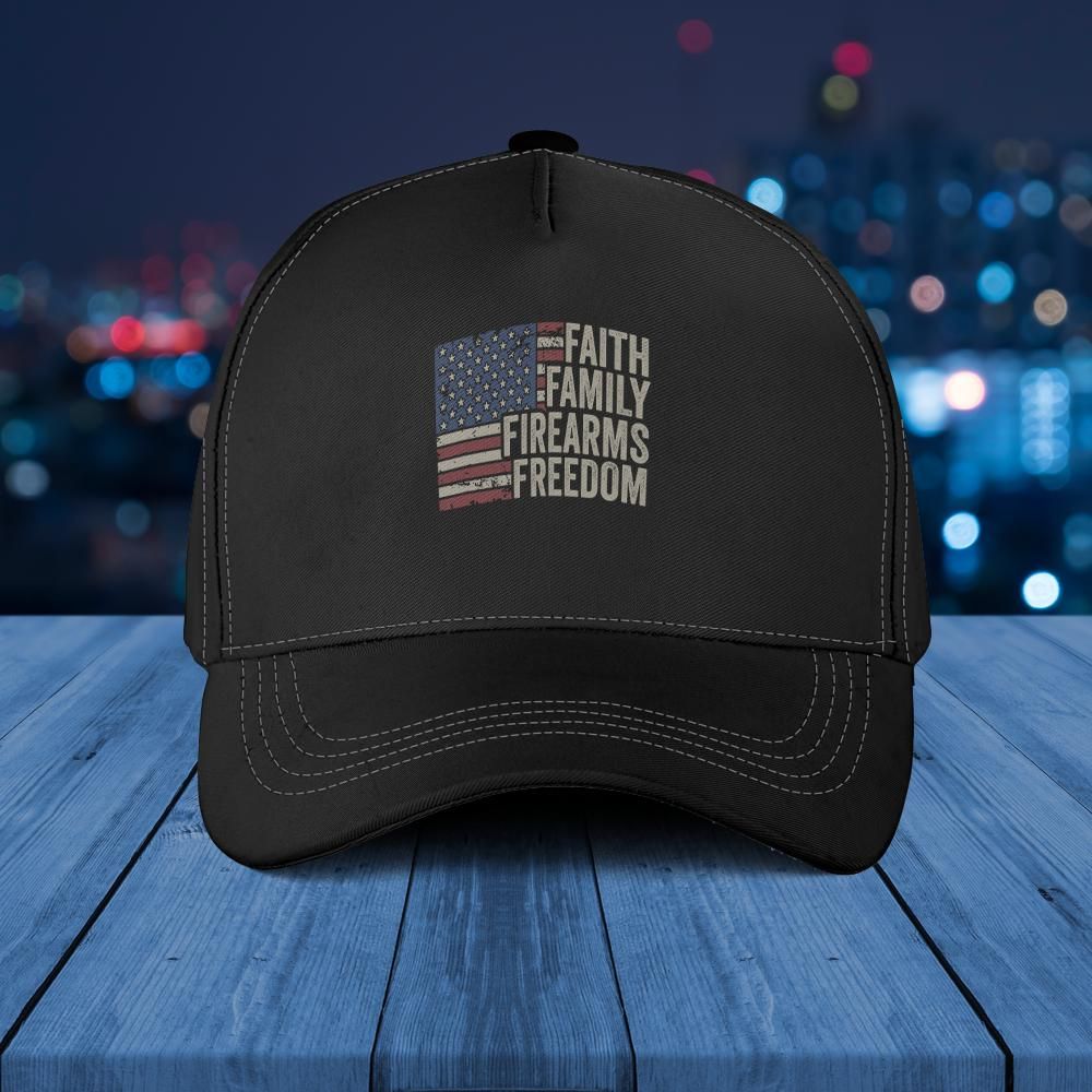 Faith Family Firearms & Freedom - American Flag Pro God Guns Baseball Caps