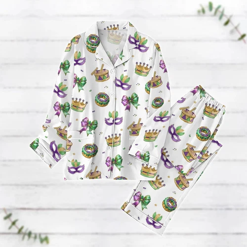 Mardi Gras Carnival Pajamas Set, Luxury Silk Pajamas Soft Sleepwear For Women