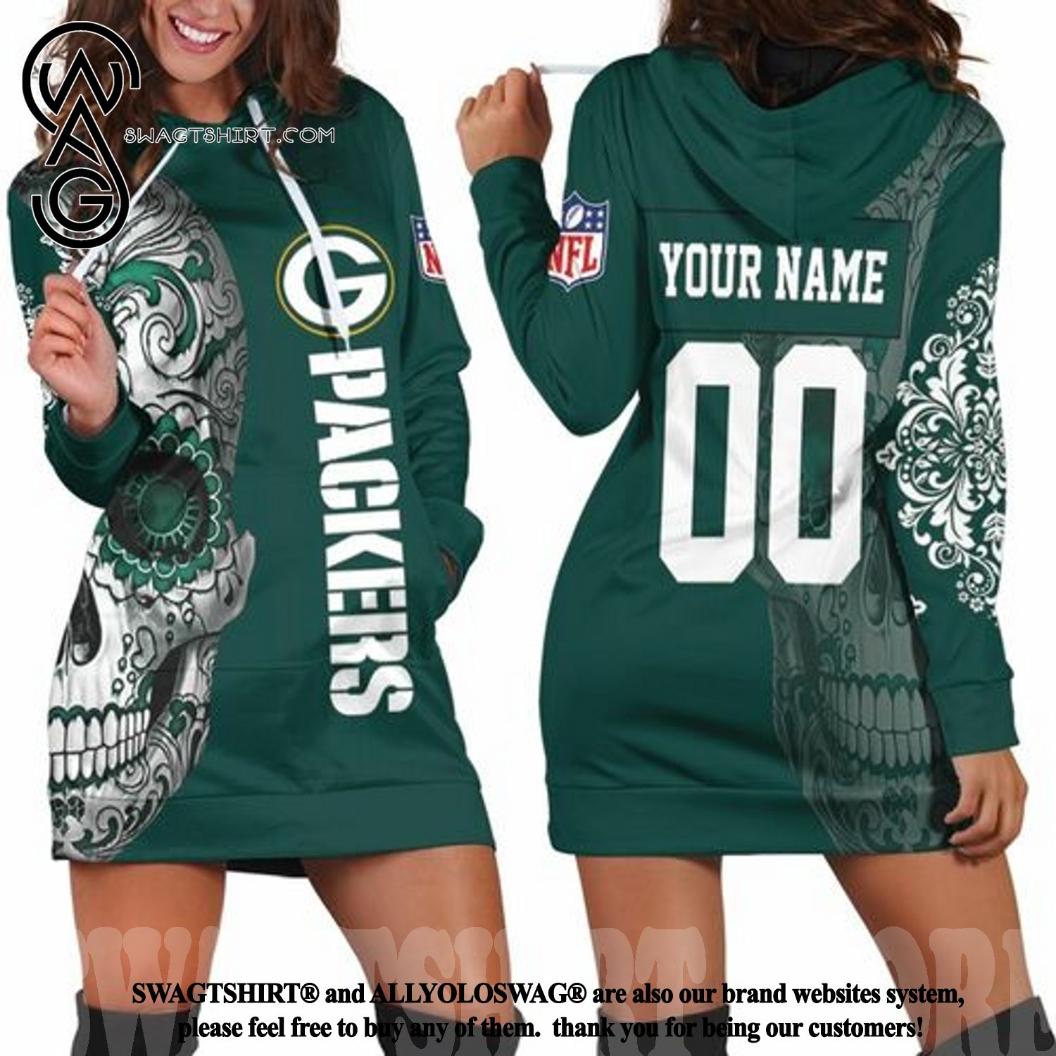 football Green Bay Packers Custom Name Number Sugar Skull Women Hoodie Dress