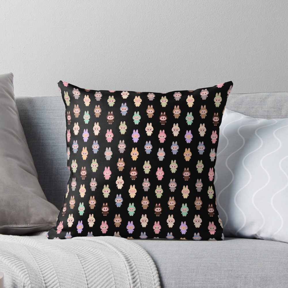 Labubu pattern black background Pillow, Cute Labubu Pillows Gift, Gift for Fan