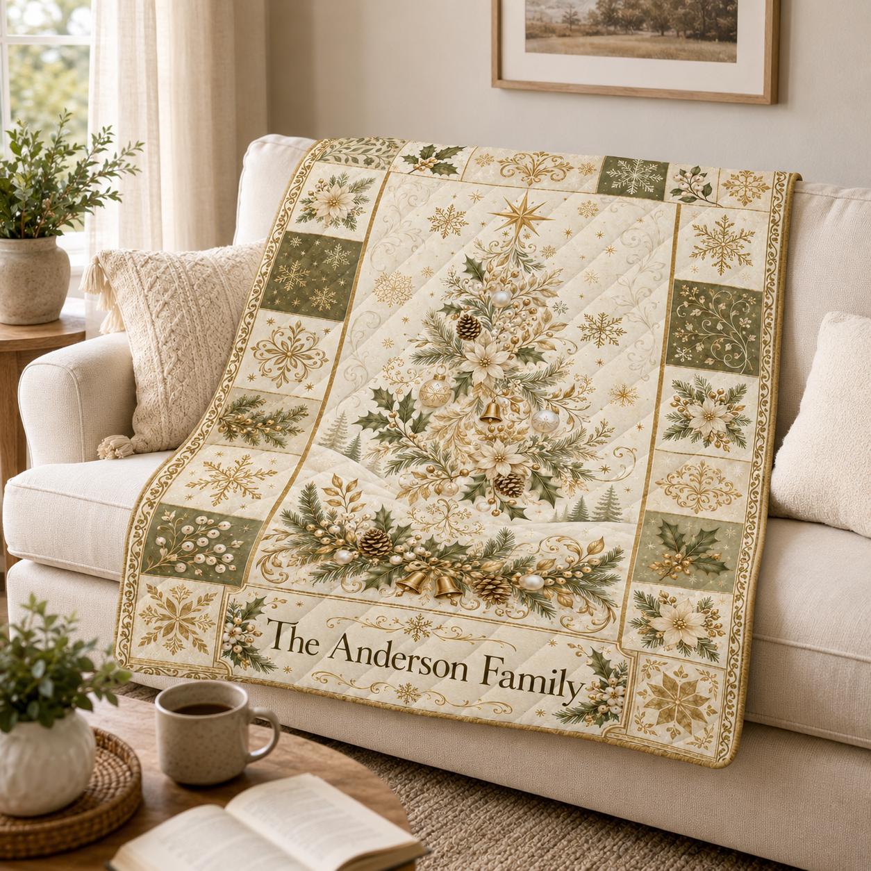 Personalized Christmas Quilt Blanket, Custom Family Name Holiday Throw, White Gold Tree Xmas Blanket, Neutral Floral Christmas Quilt for Home Decor