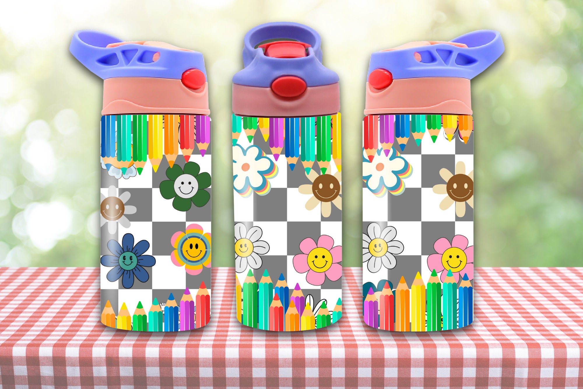 Colored Smiling Pencils 12oz Tumbler, Floral School 12 Oz Flip Top Tumbler, Back to School
