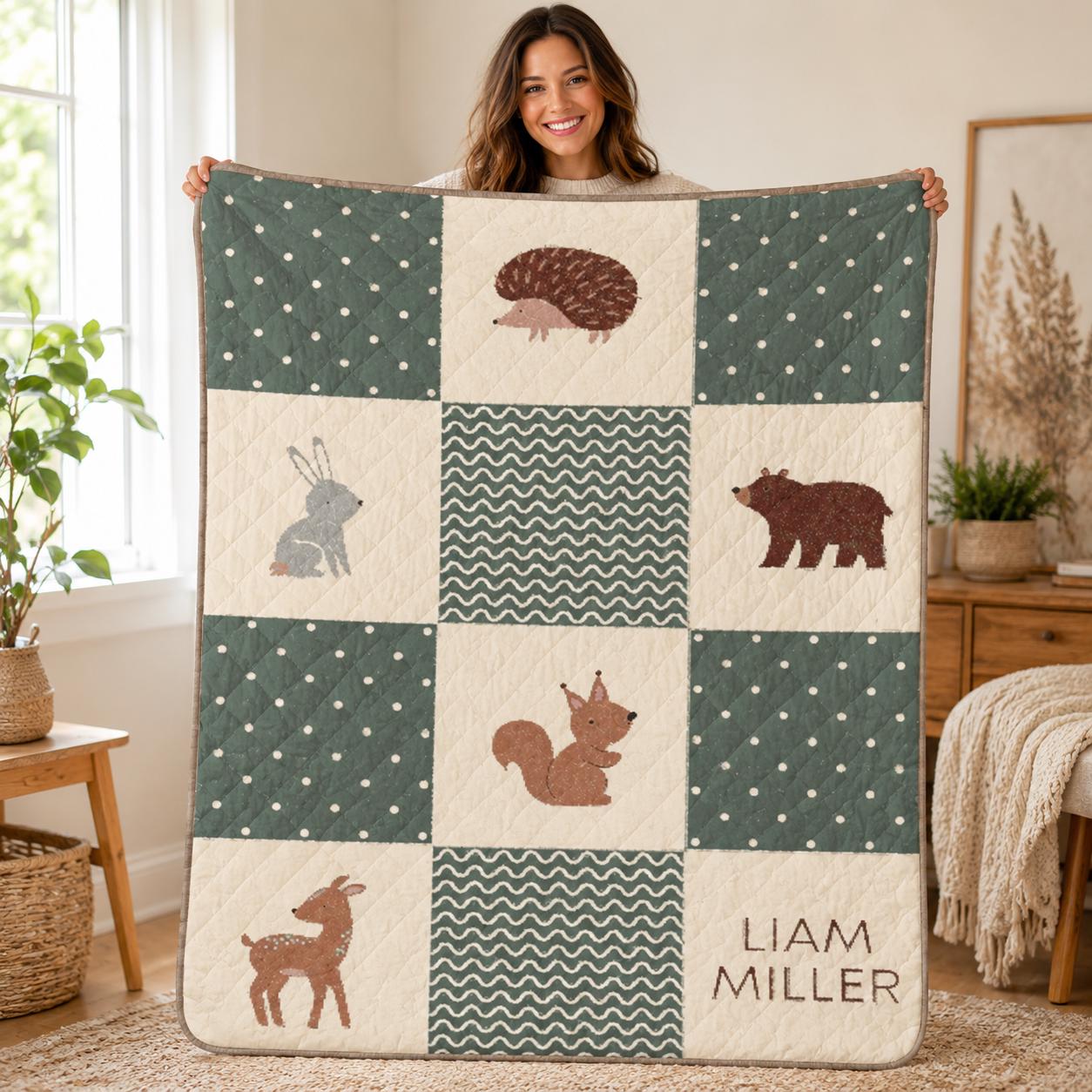 Personalized Woodland Baby Quilt, Custom Name Forest Animal Nursery Blanket