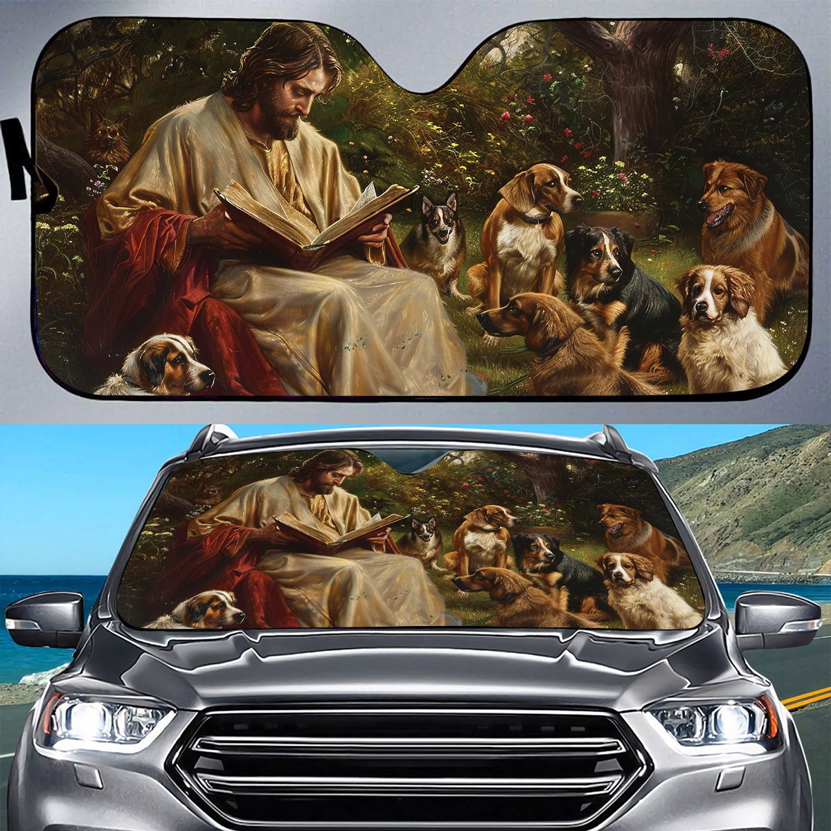 Teesdily Jesus And Cute Family Dog Car Sunshade, Christian Reading Bible Book Windshield Car Sunshade, God Dog Auto Sunshade, Dog Lover Gift