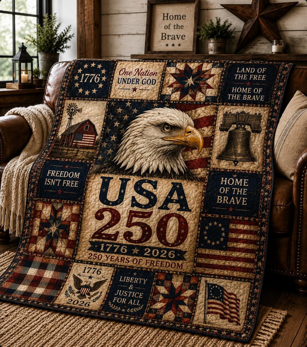 USA 250 Eagle Quilt Patchwork Blanket | 1776-2026 Patriotic Anniversary