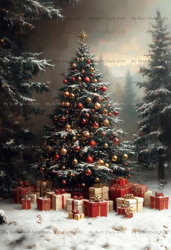 Christmas Tree and Presents Art Print, Winter Holiday Decor Poster