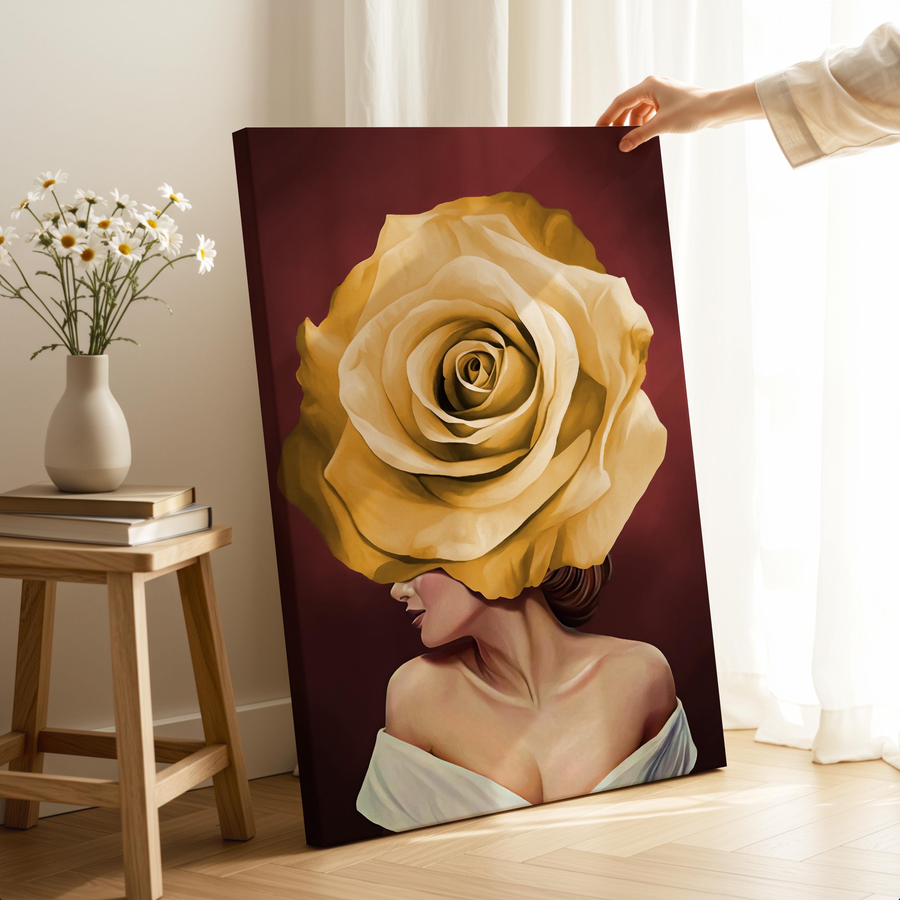 Floral Woman Canvas Art: Surreal Flower Head Portrait, Ready to Hang