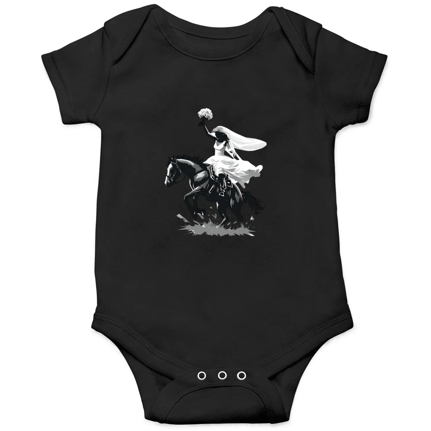 Western Cowgirl Bride on Bucking Horse – Grayscale Onesies