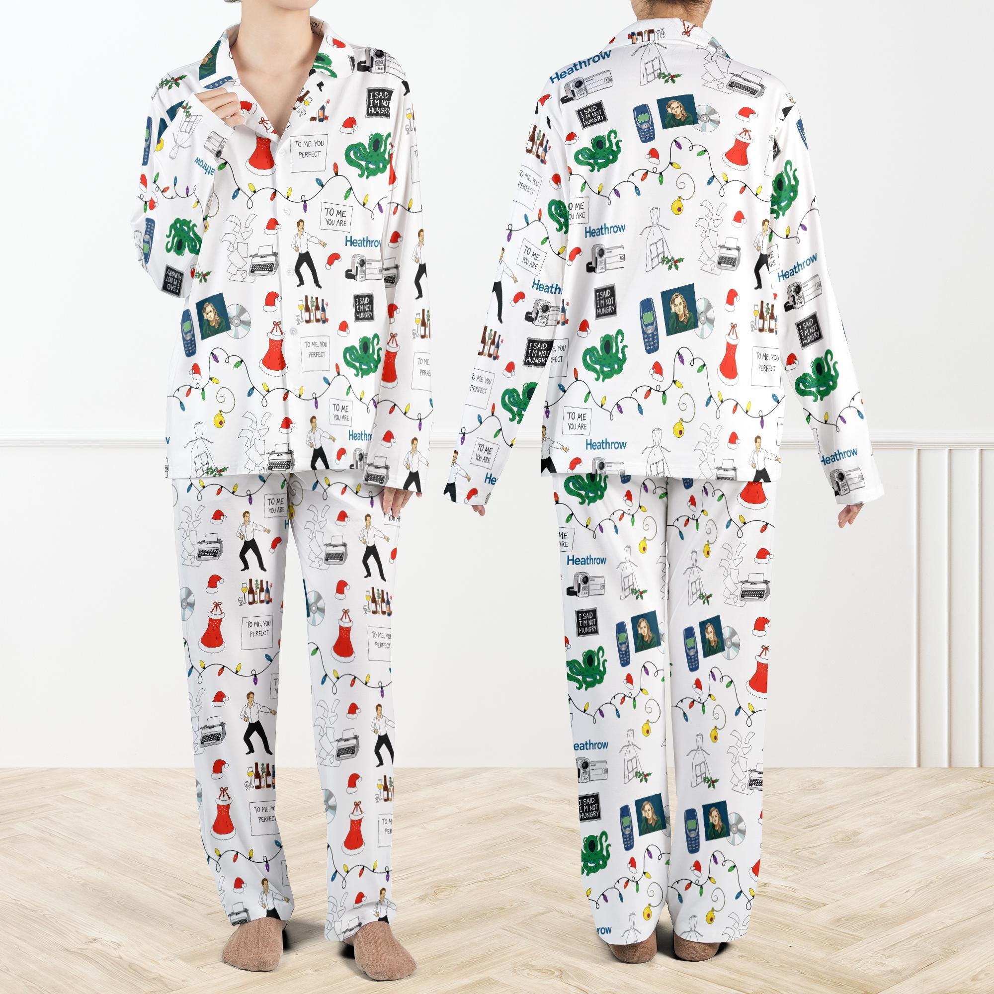 Christmas Love Actually Silky Satin Pajama Set For Women, Love Actually Pajamas Set, Funny Christmas PJs, Holiday Romcom Sleepwear for Women