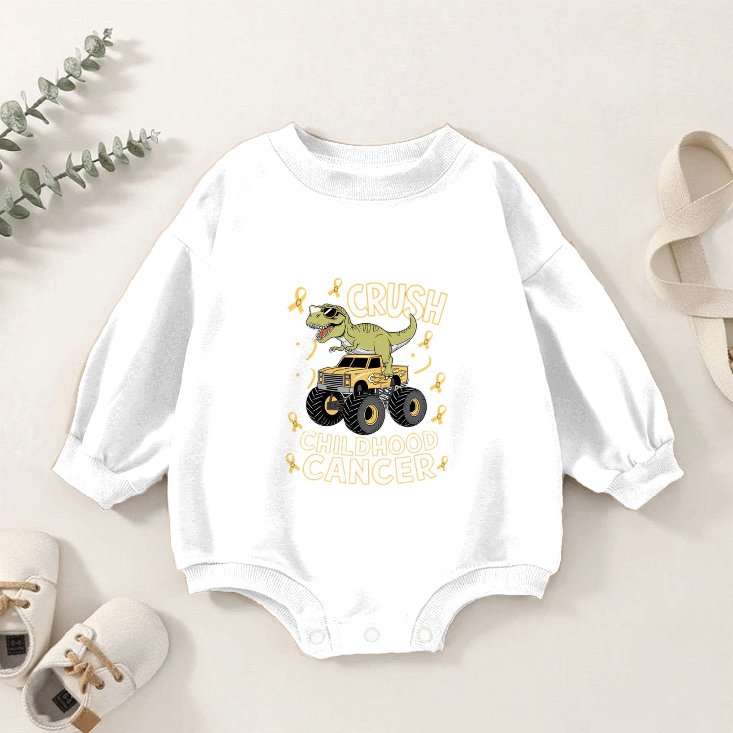 Dino Monster Truck Fight Against Childhood Cancer Baby Romper Sweatshirts
