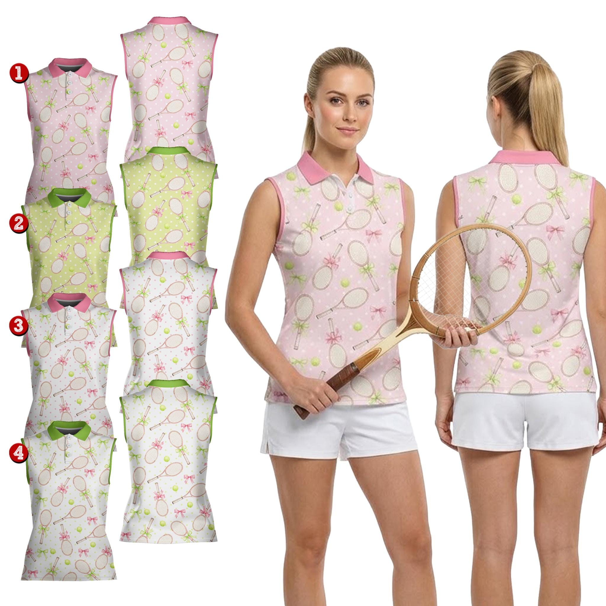 Women’s Sleeveless Tennis Polo Shirt with Racket Pattern