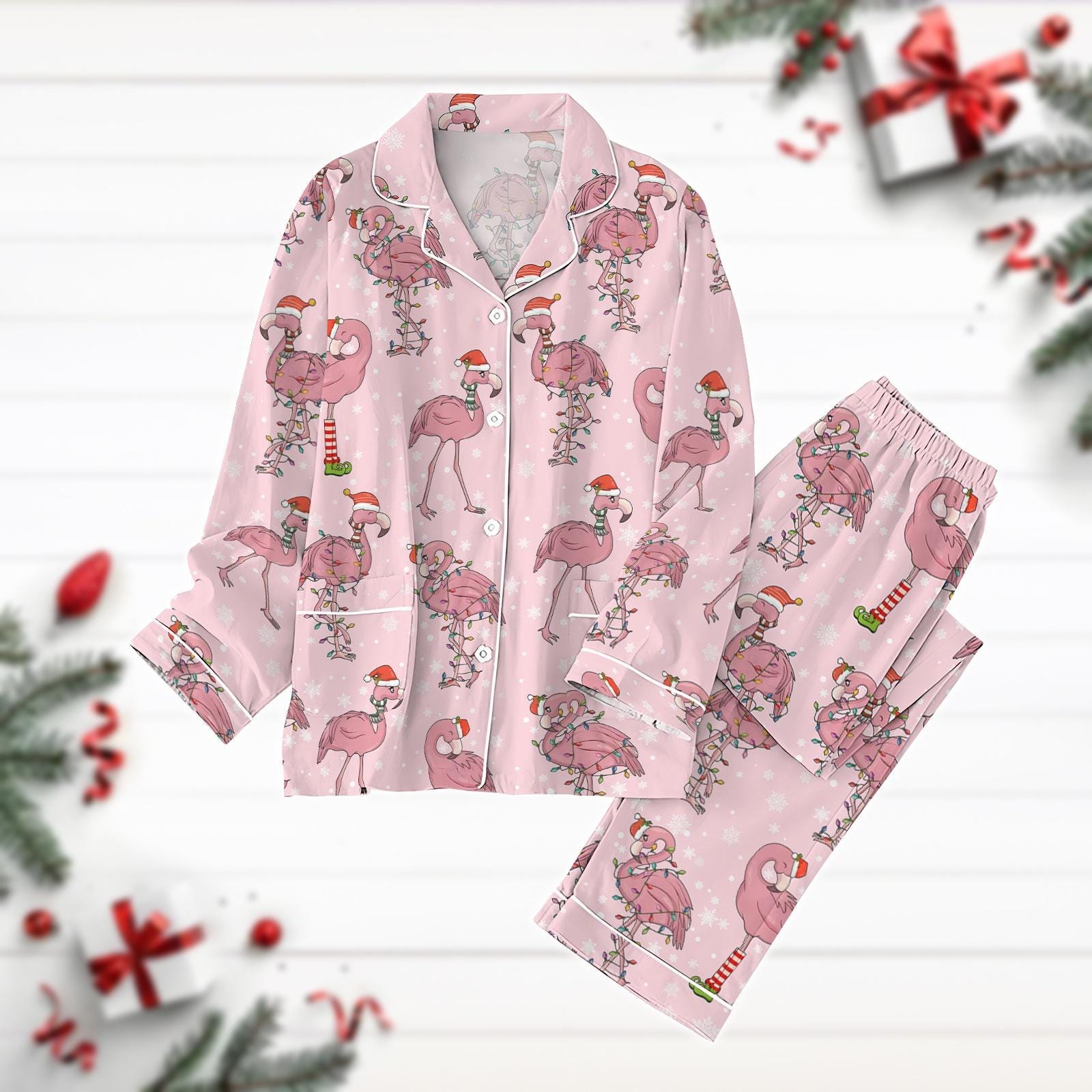 Flamingo Christmas Pajamas Set, Christmas Lights Pyjamas, Santa Flamingo Holiday Pjs, Womens Pajamas, Animal Lover Gift, Bird Lover Pjs