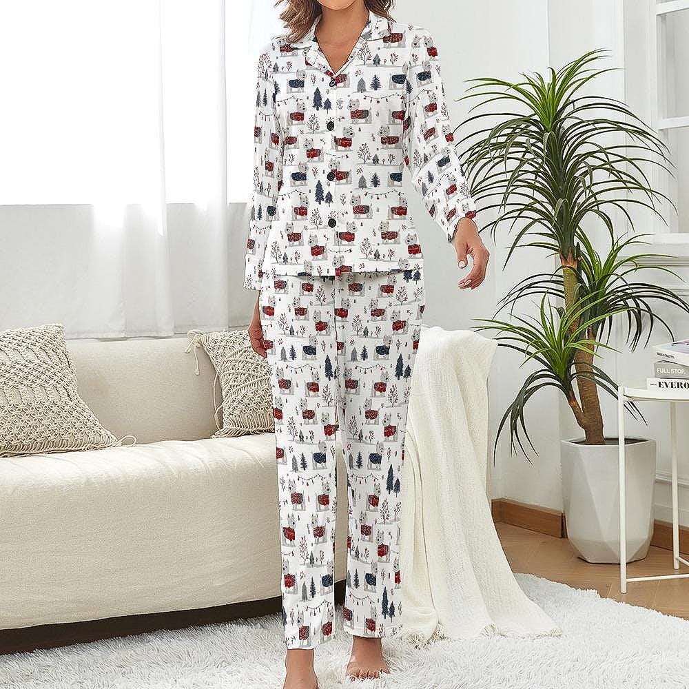 Westie Christmas Pattern Pajamas Cute West Highland White Terrier Holiday PJs in Sweaters, Dog Mom Gift, Cozy Winter Sleepwear