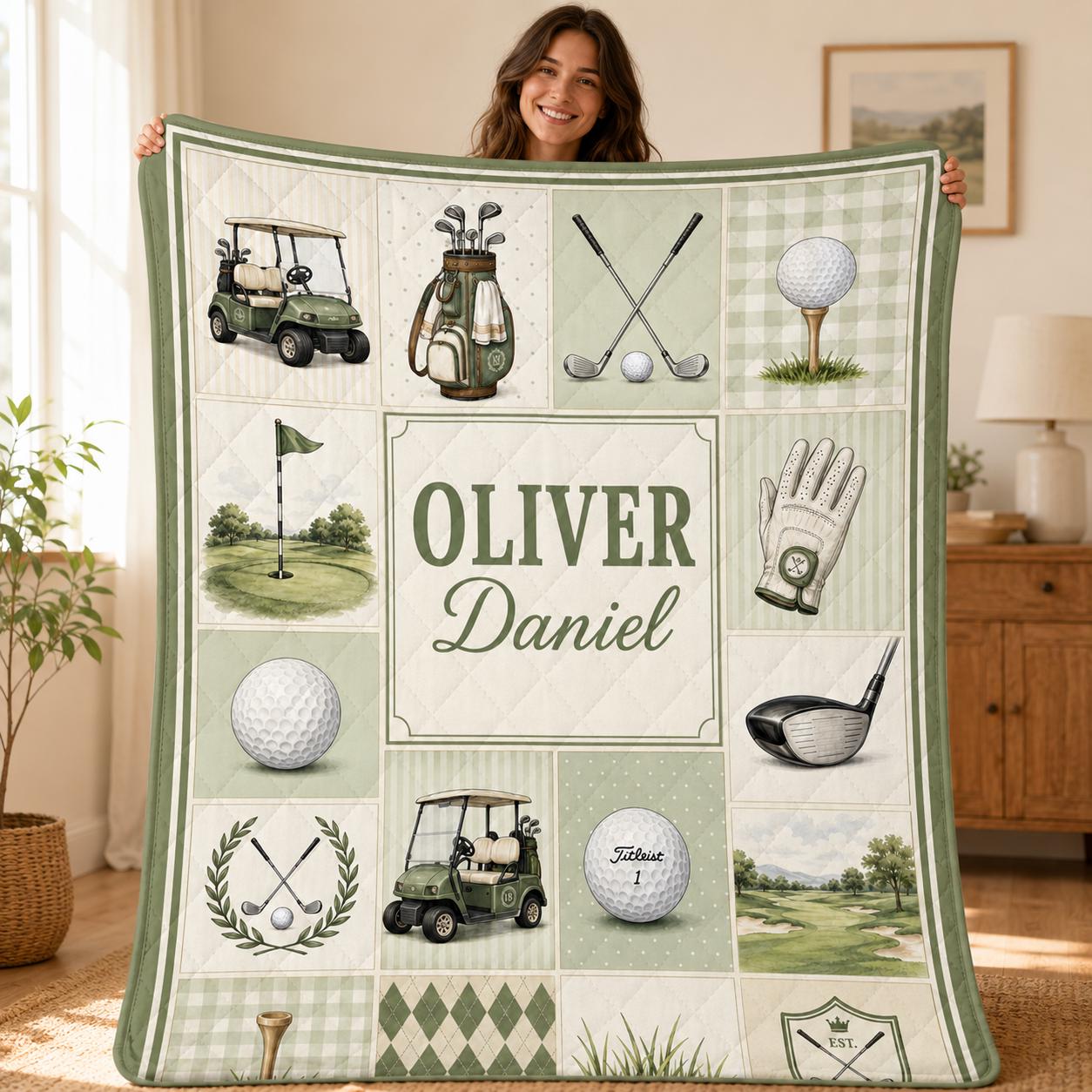 Personalized Golf Quilt Blanket, Custom Name Golfer Gift, Sage Green Golf Course Bedroom Decor