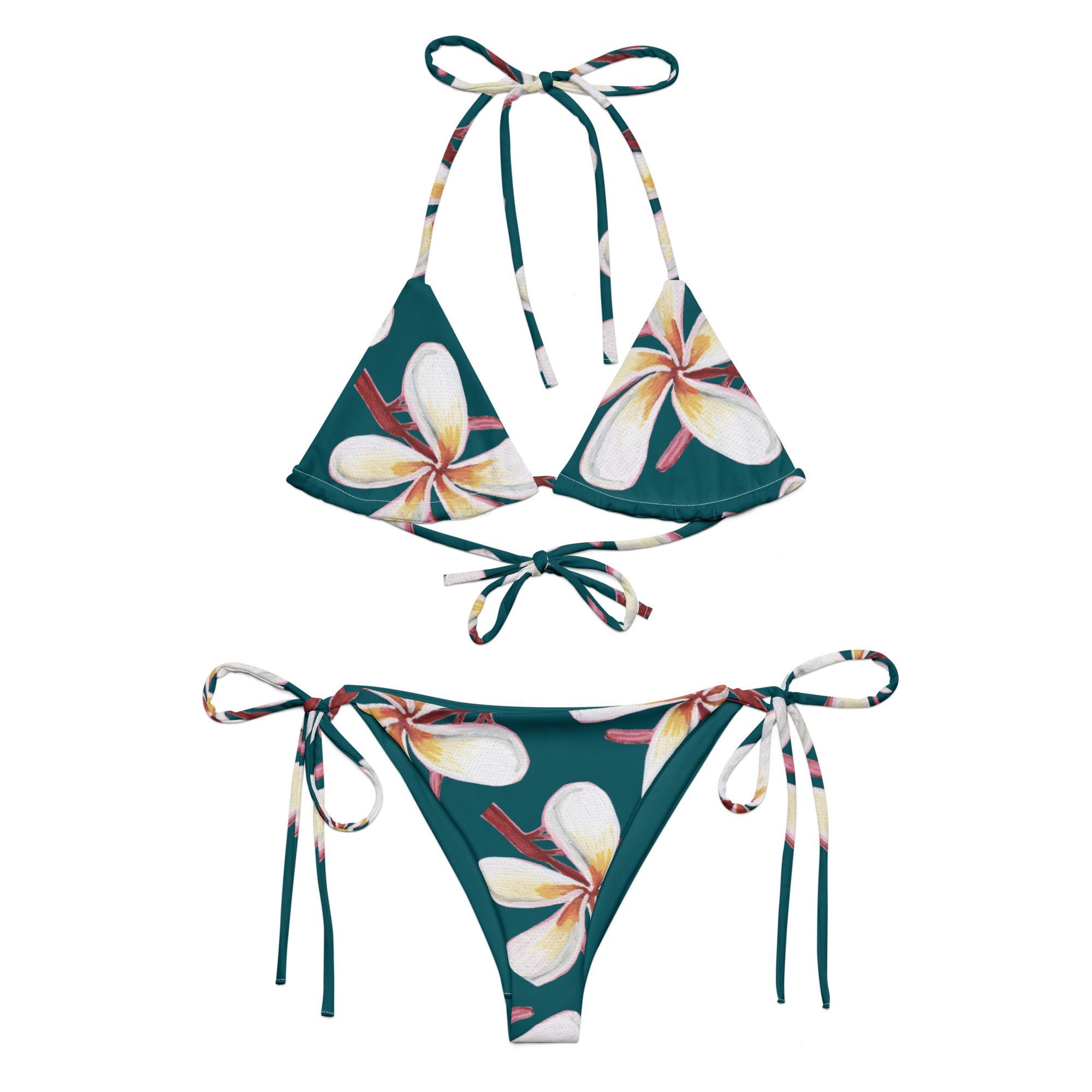 Plumeria Flower String Bikini Set - Tropical Teal Floral Women's Swimsuit