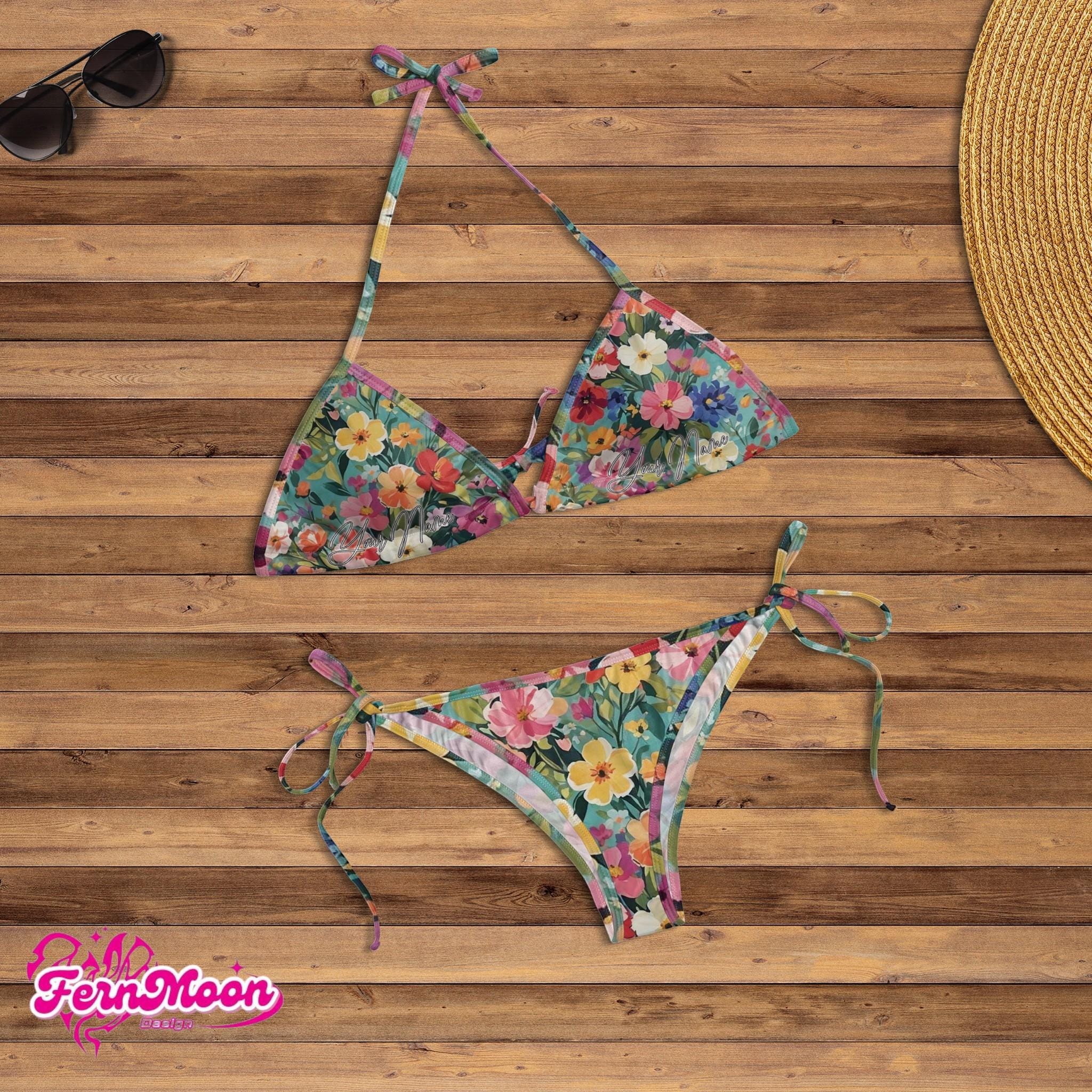 Custom Floral Bikini Set, Personalized Tropical Swimsuit, Colorful Flower Two Piece, Wildflower String Swimwear, Boho Beachwear Gift for Her