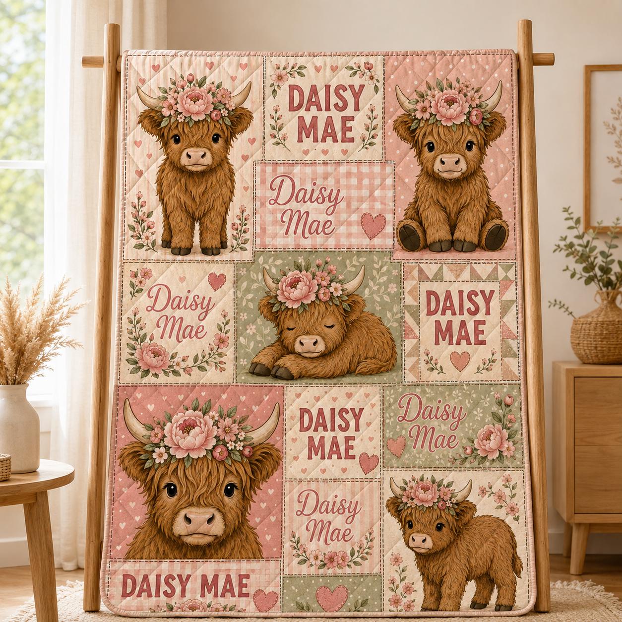 Personalized Highland Cow Quilt Blanket, Custom Name Floral Farmhouse Nursery Quilt