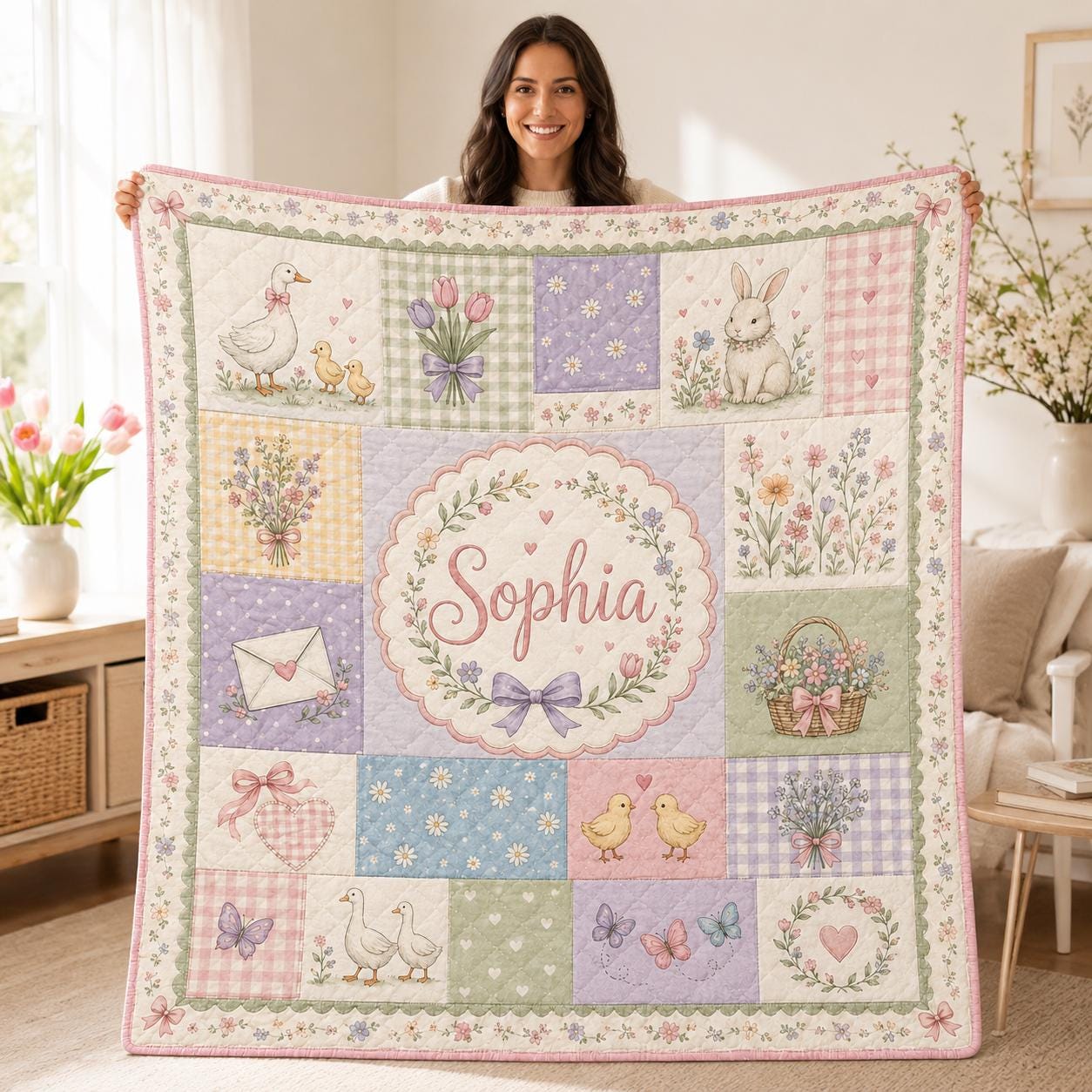 Personalized Spring Bunny Quilt Baby Blanket with Pastel Floral Design for Nursery and Easter Gifts