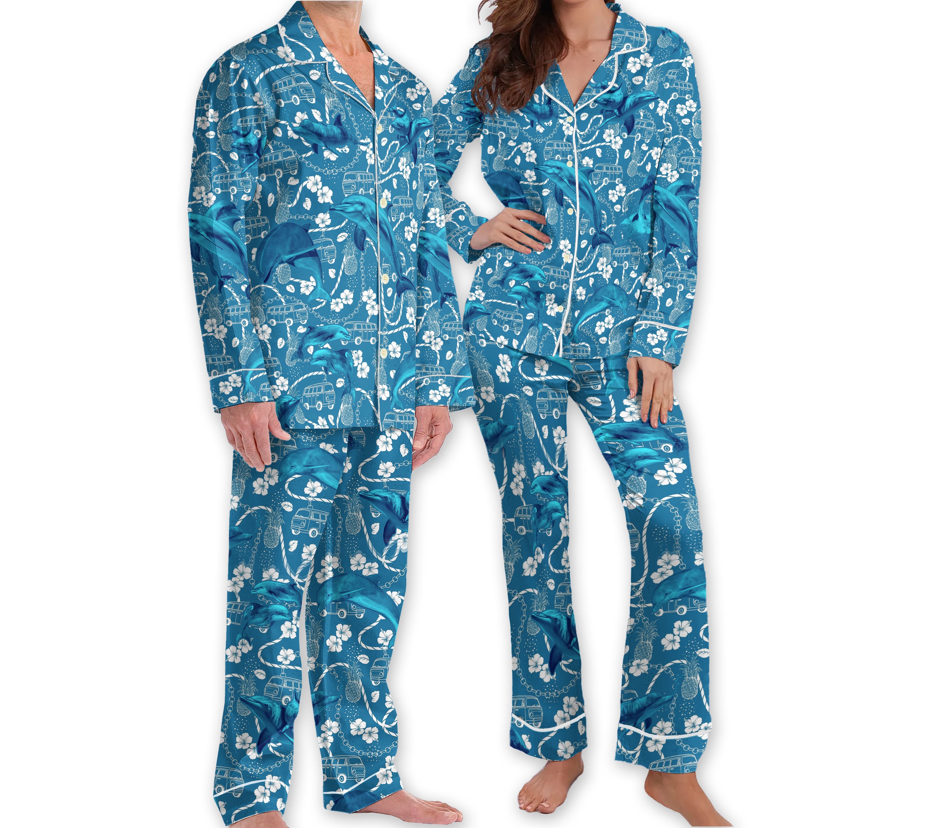 Dolphin Teal Hawaiian Pajamas, Car Bus Beach Vibes Pajamas, Ocean Lover Gift, Pjs Set for Women, Couple Pajamas