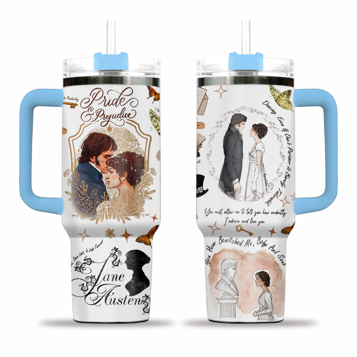 Pride And Prejudice 40oz Tumbler with Handle, Jane Austen Book Lover Tumbler, Mr Darcy Fan Tumbler, Romantic Classic Drinkware Tumbler
