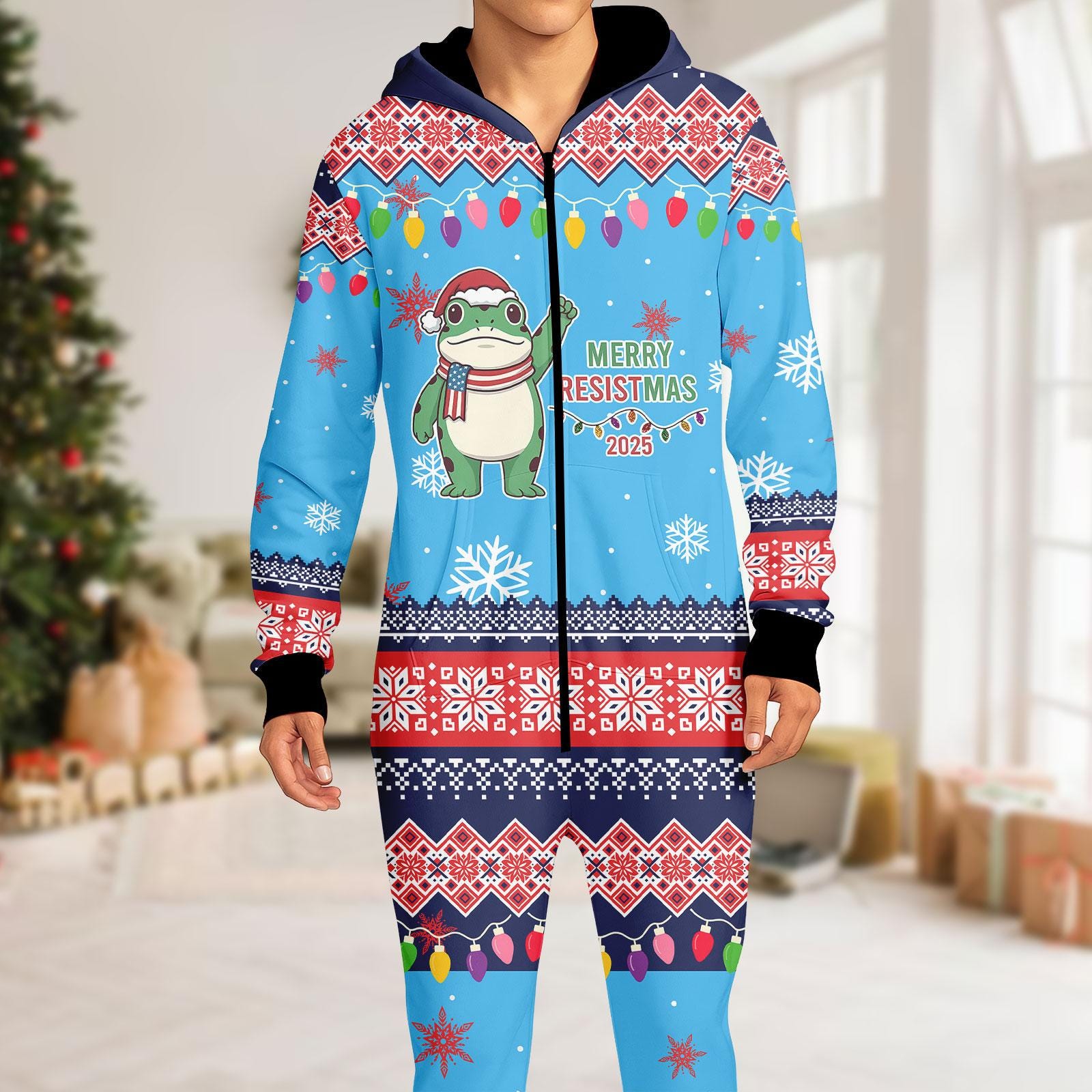 Merry Christmas Family Christmas Onesie Pajamas, Frog Resist Ugly Sweater Matching Jumpsuit for Men Women Kids, Funny Xmas Gift