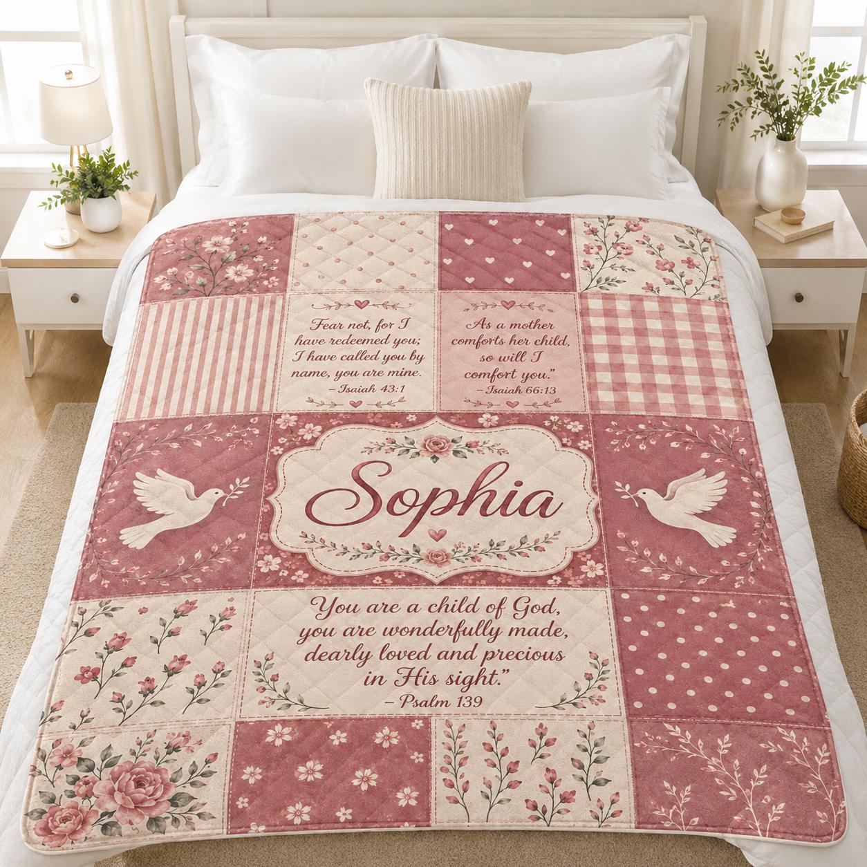 Personalized Baby Quilt Blanket, Pink Patchwork Floral Nursery Quilt, Custom Name Christian Baptism Gift for Girl