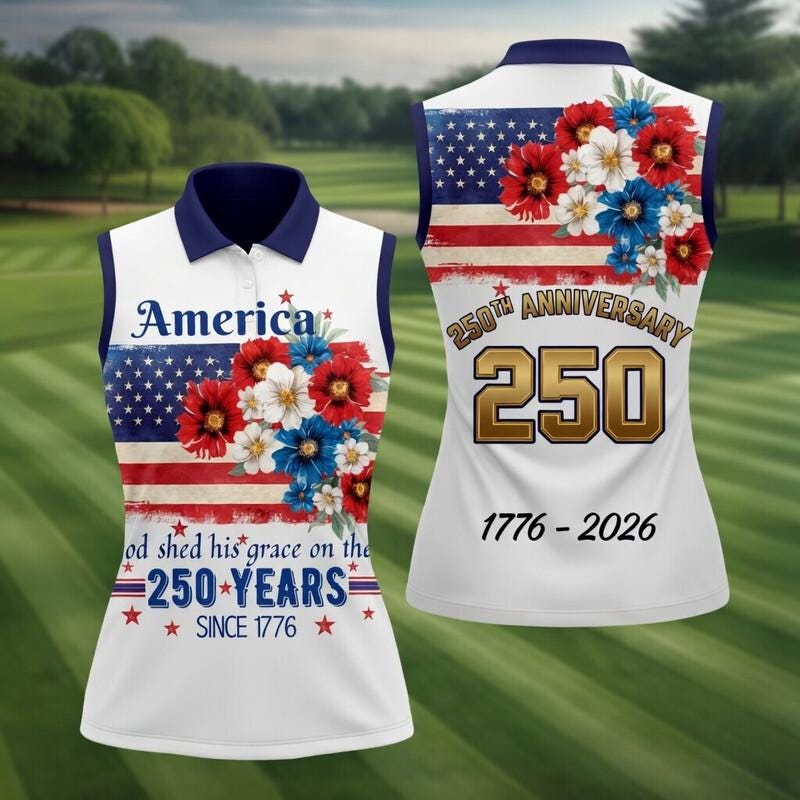 USA 250th Anniversary Women's Sleeveless Polo, Patriotic Floral US Flag Golf Shirt, Semiquincentennial 1776-2026 America Polo, Gift for Her