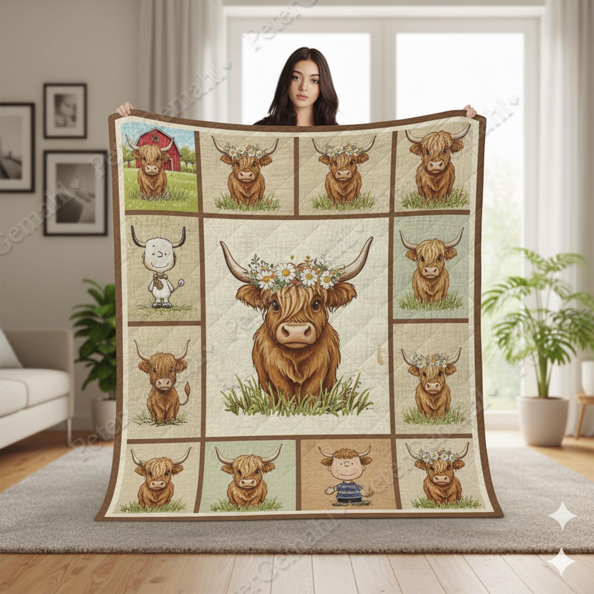 Highland Cow Quilt Blanket, Cute Cow, Farm Animal Blanket, Floral Cow Bedding, Kids Room Decor, Cozy Farmhouse Gift