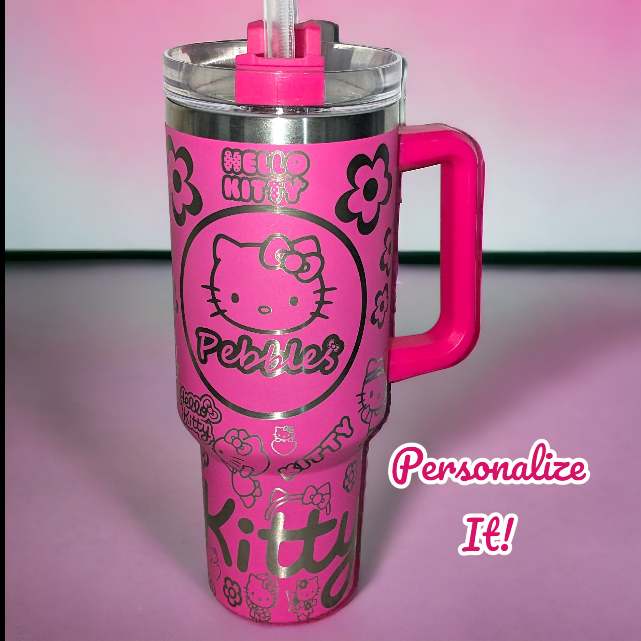 Personalized KITTY HELLO Engraved 40 oz Tumbler with Handle, Water Bottle Stainless Steel Thermos, Coffee Cup Travel Car Camping, Large Water Bottle